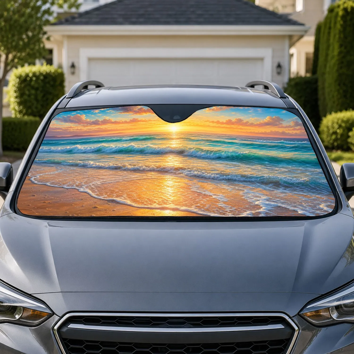 Ocean Sunrise Coastal Seascape With Turquoise Waves For Beach Lovers And Summer Travel Car Sunshade - 1