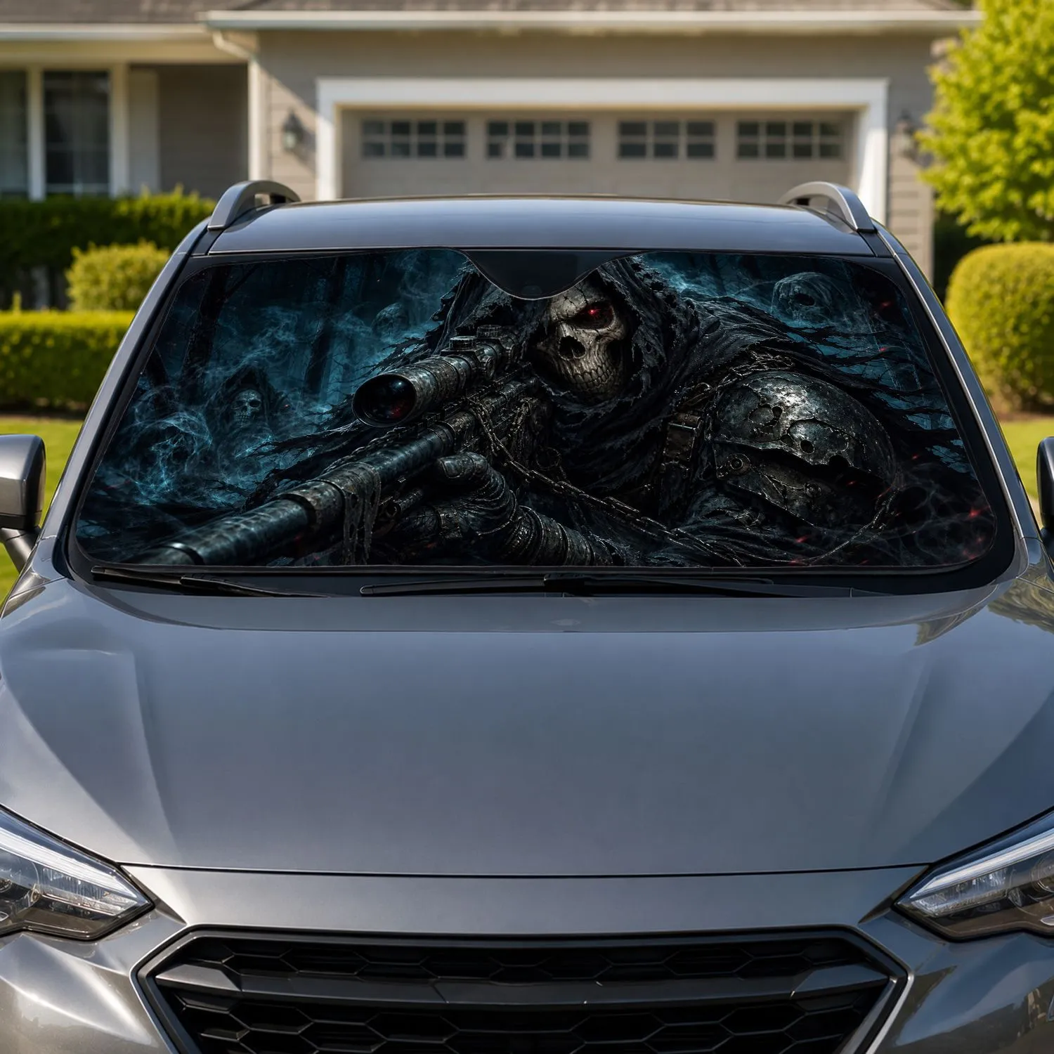 Hooded Skull Sniper In Dark Forest For Horror Gaming Decor And Tactical Fantasy Fans Car Sunshade - 1