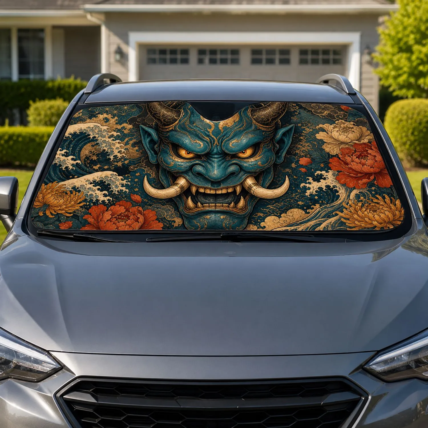 Japanese Hannya Oni Mask With Ukiyo E Waves And Florals For Dark Aesthetic Decor Fans Car Sunshade - 1
