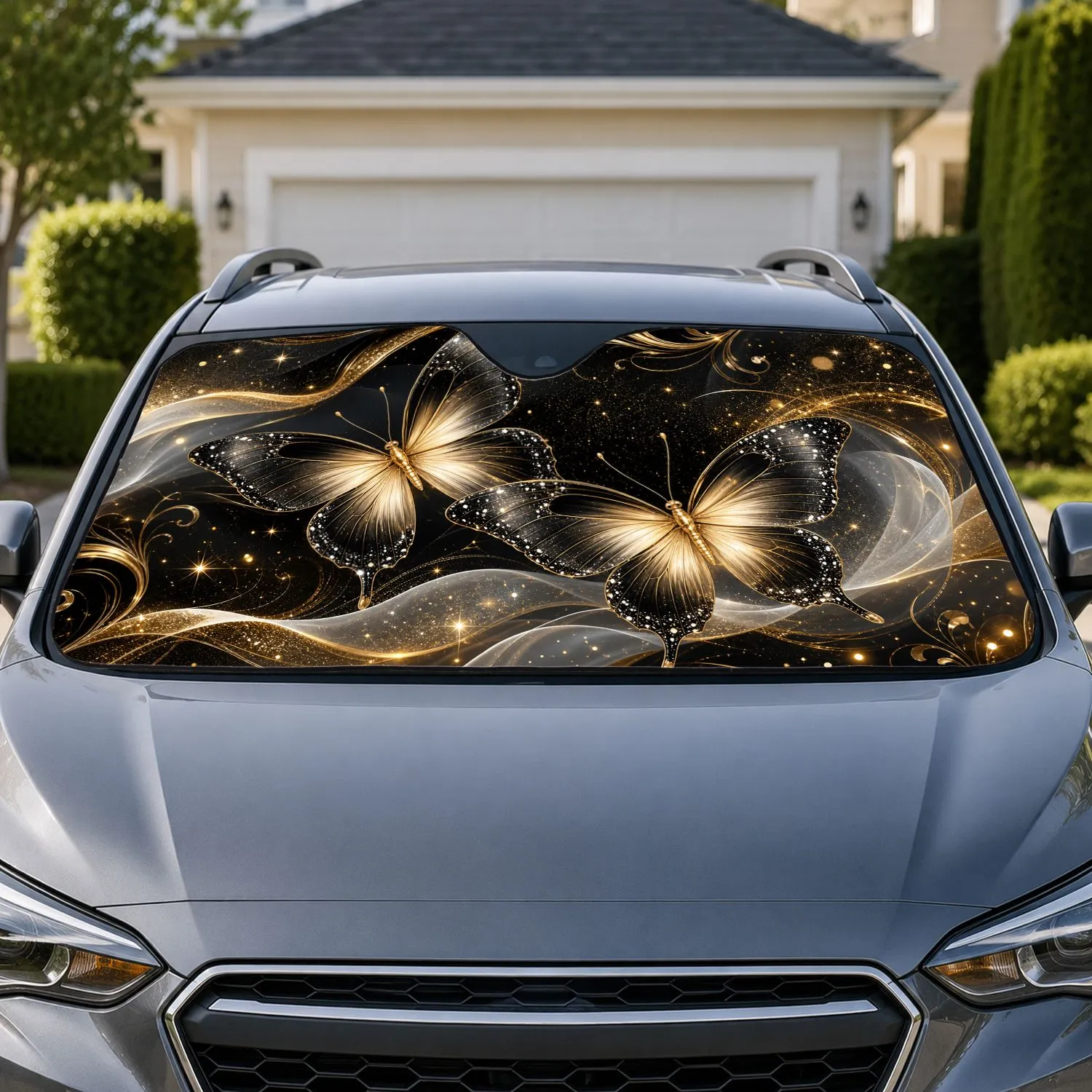 Black Gold Butterfly Luxury Metallic Glow For Elegant Travel Decor Style Enthusiasts Car Sunshade - 1