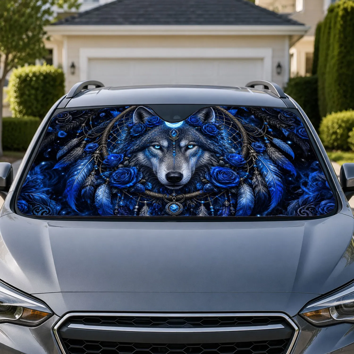 Blue Wolf Dreamcatcher Moon Roses Fantasy Decor For Gothic Road Trip Spirit Lovers Car Sunshade - 1