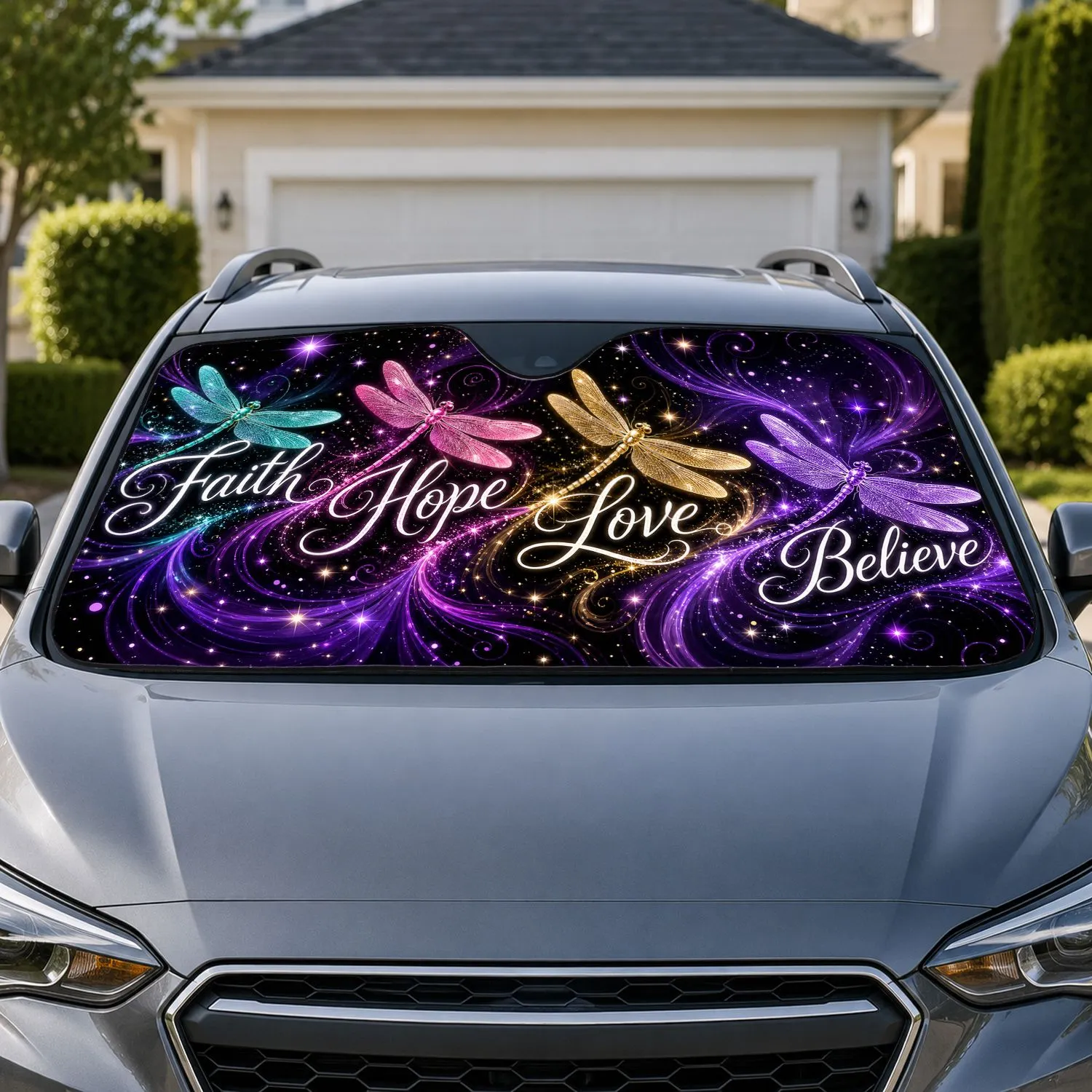 Dragonfly Faith Hope Love Believe Purple Night Sky Spiritual Interior Decor For Women Car Sunshade - 1
