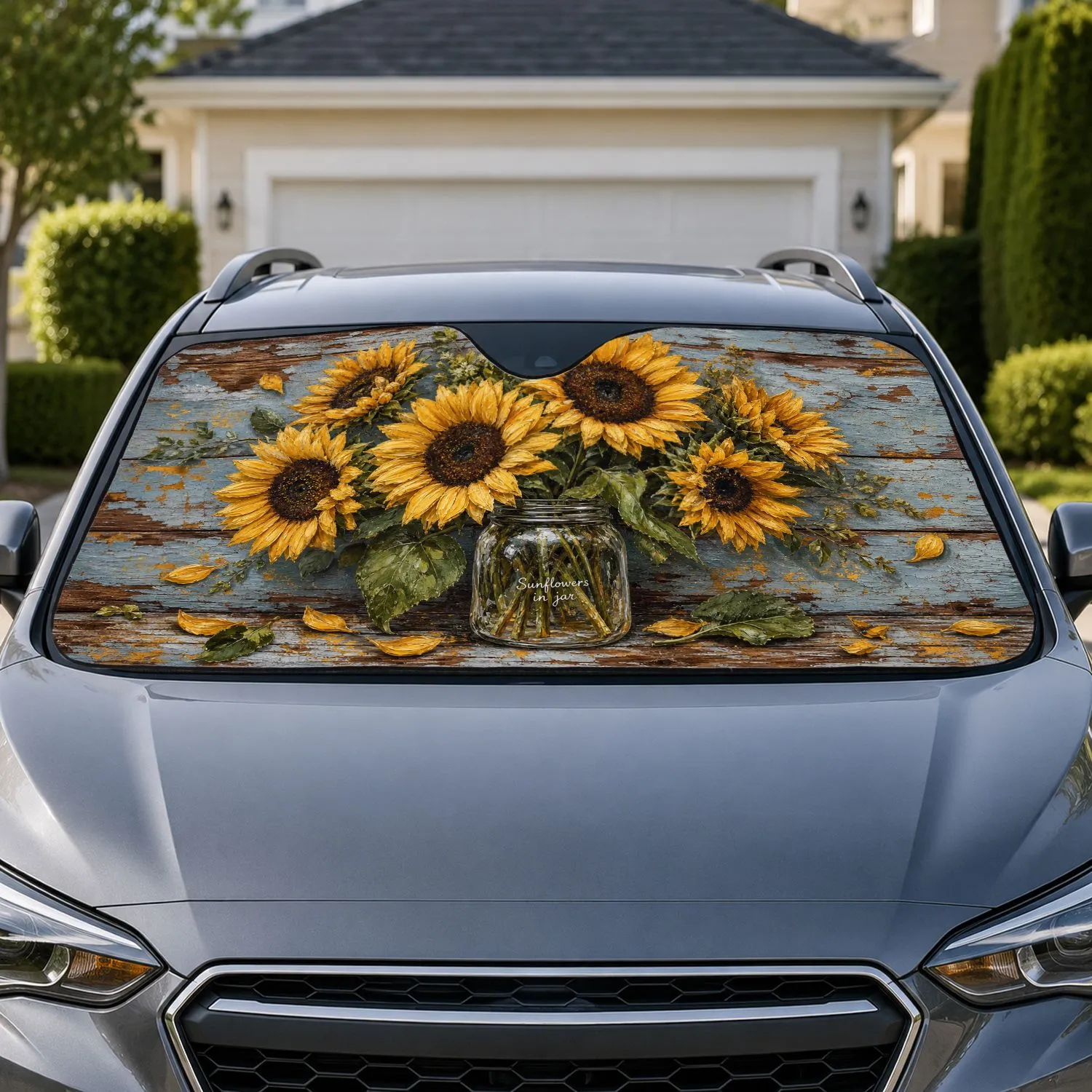 Sunflowers In Glass Jar On Rustic Blue Wood For Farmhouse Summer Decor Lovers Gift Car Sunshade - 1