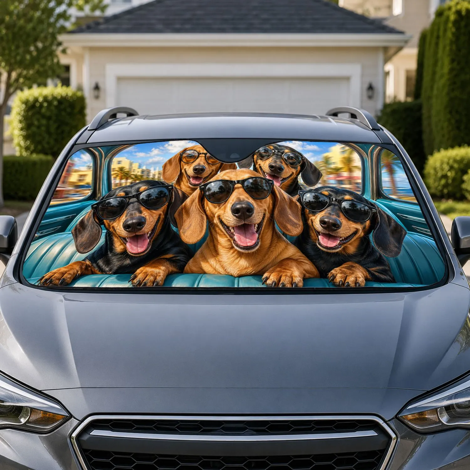 Fun Happy Dachshund Road Trip Dogs With Sunglasses For Family Travel And Dog Lovers Car Sunshade - 1