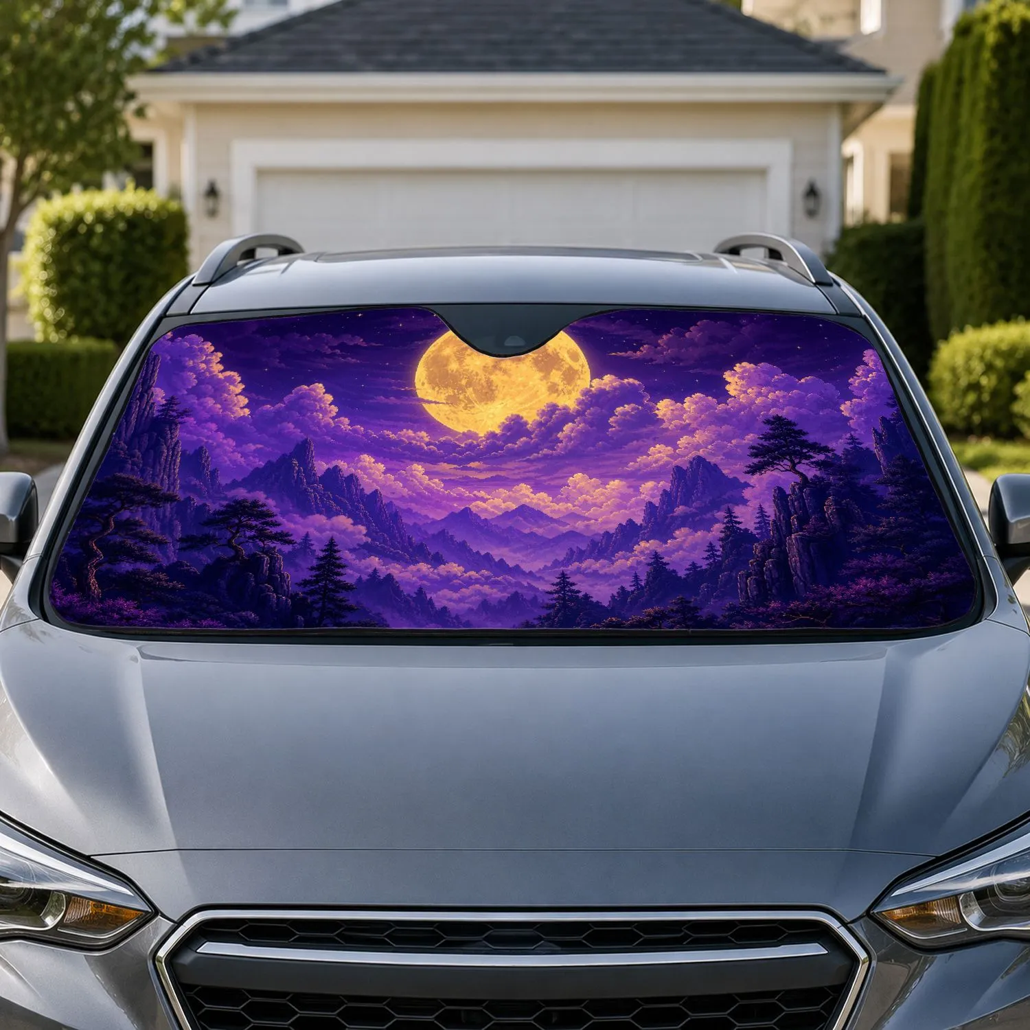 Pixel Purple Full Moon Mountain Clouds For Fantasy Night Drive Gamers And Campers Car Sunshade - 1