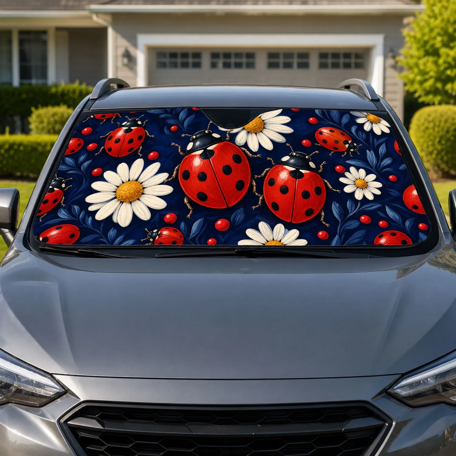 Red Ladybugs And White Daisies On Navy For Summer Road Trips And Garden Lover Gifts Car Sunshade - 1