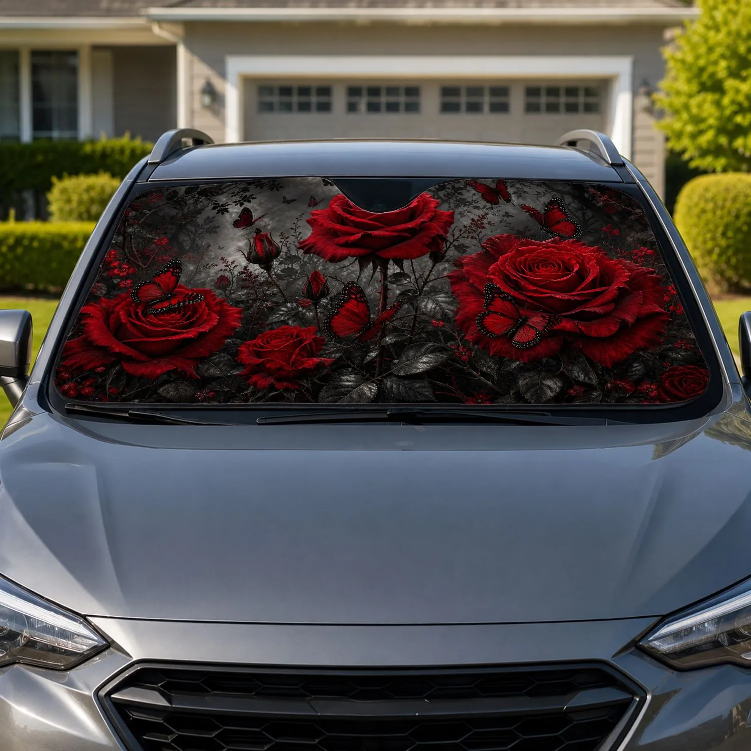 Gothic Crimson Roses And Butterflies For Moody Dark Floral Auto Style Gift For Her Car Sunshade - 1