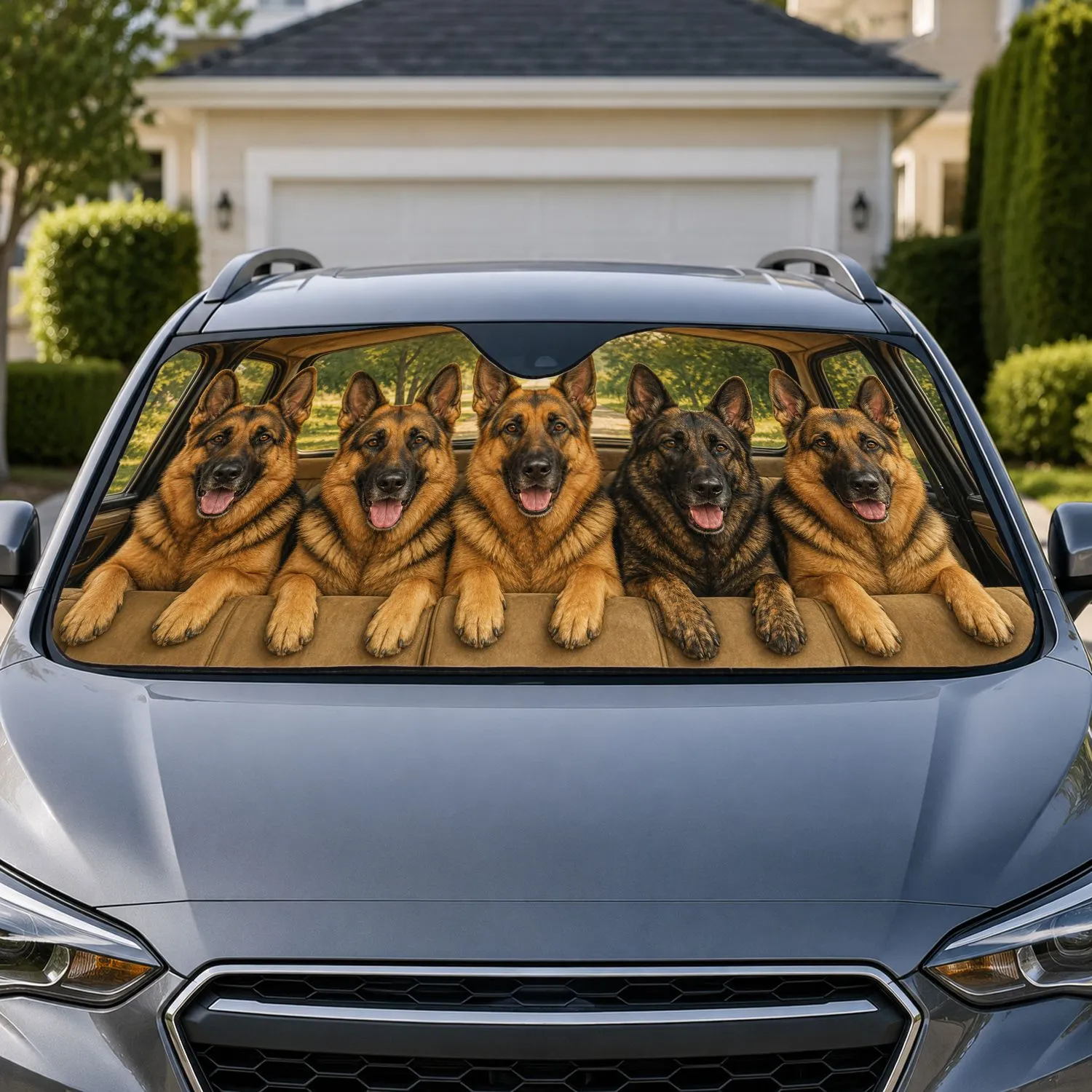 Realistic Five German Shepherd Dogs In Beige Cabin For Road Trip Travel Dog Lovers Car Sunshade - 1