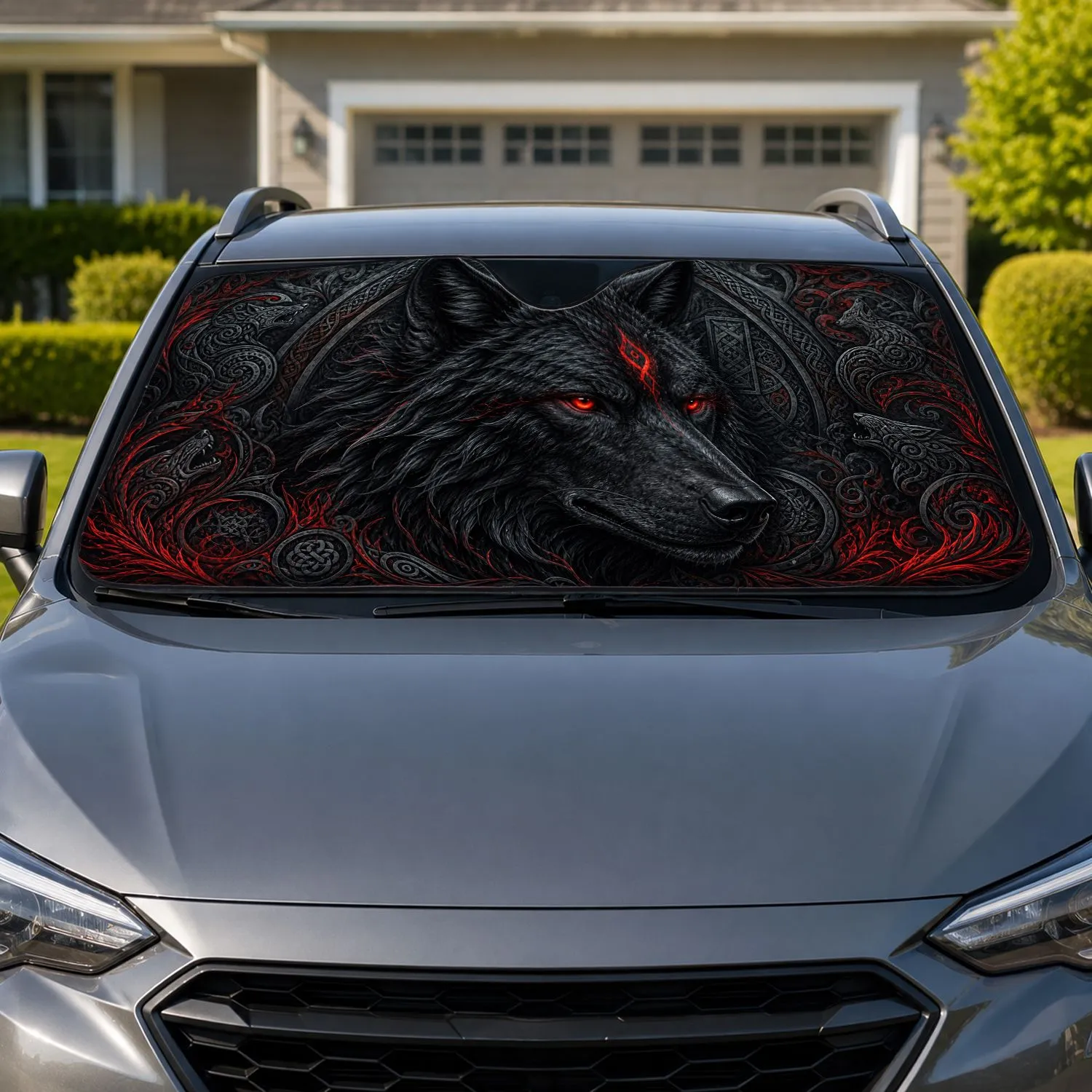 Red Eyed Black Wolf Totem With Nordic Knotwork For Dark Fantasy Gaming And Gothic Fans Car Sunshade - 1