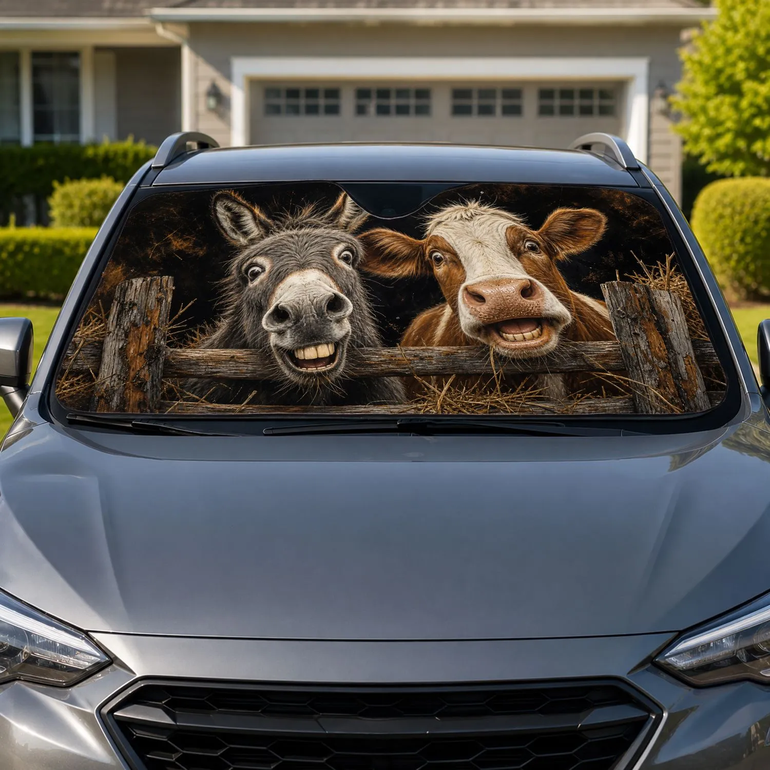 Funny Donkey And Cow At Rustic Fence Barnyard Humor For Farm Animal Lovers Road Trips Car Sunshade - 1