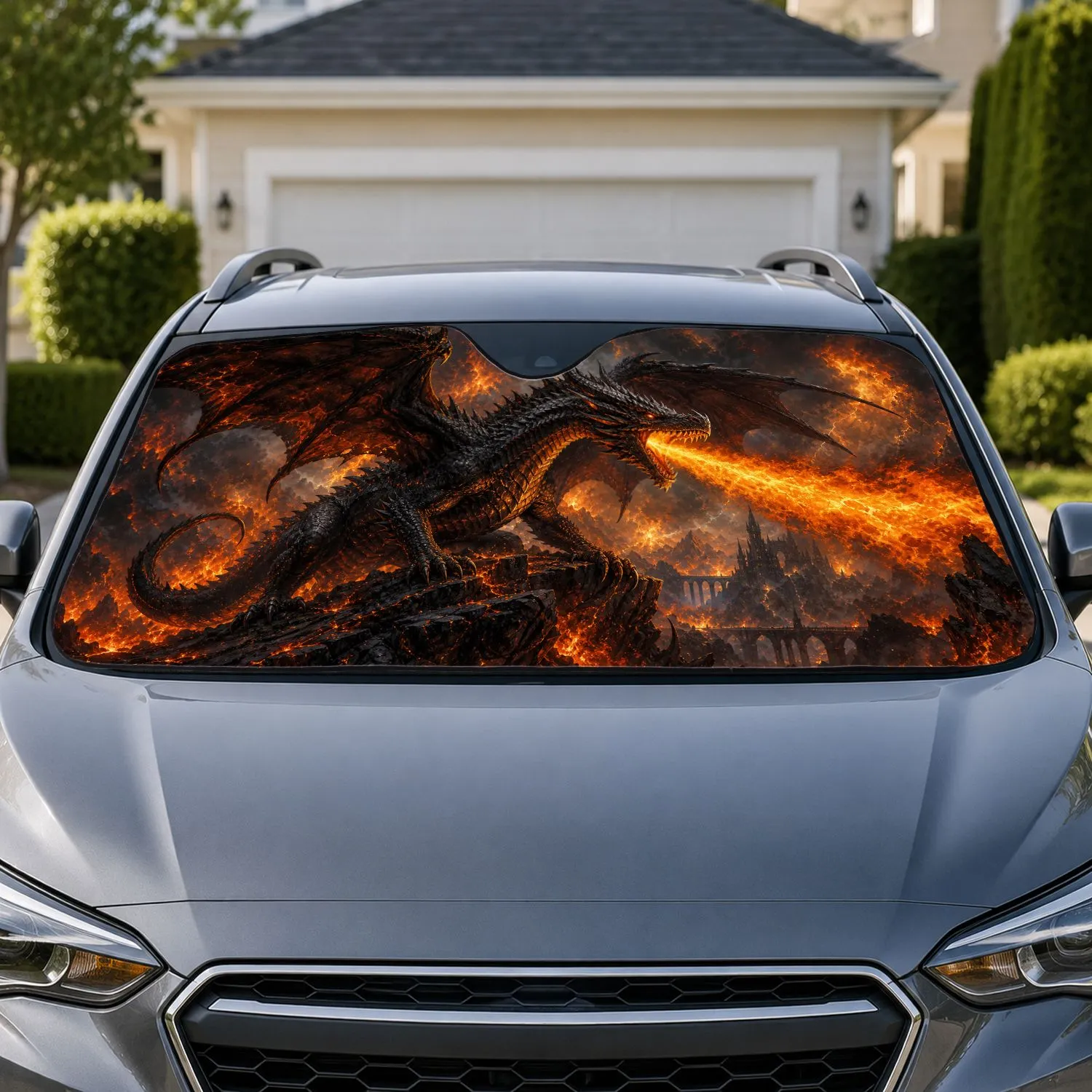 Fire Breathing Black Dragon Fantasy Battlefield Scene For Dark Gothic Adventure Fans Car Sunshade - 1