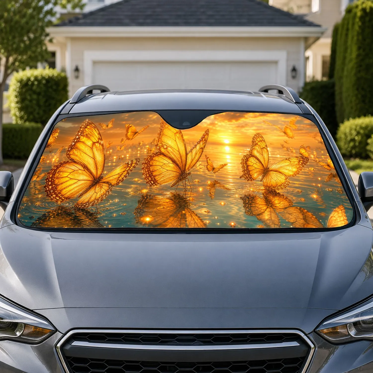 Golden Butterflies Over Sunset Water For Serene Travel Decor And Butterfly Enthusiasts Car Sunshade - 1