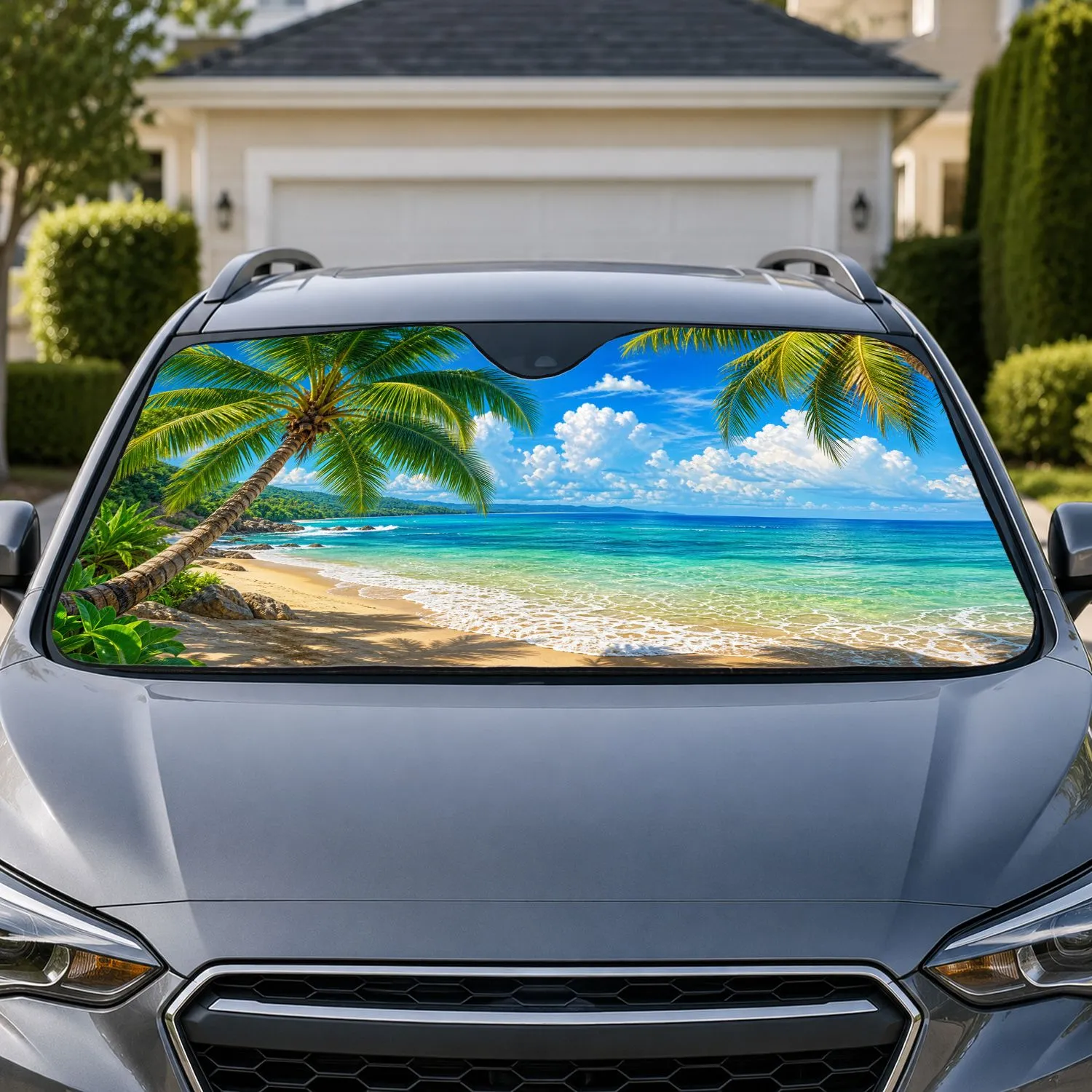 Tropical Beach Coconut Palms And Turquoise Ocean For Summer Road Trip Vibes And Getaways Car Sunshade - 1
