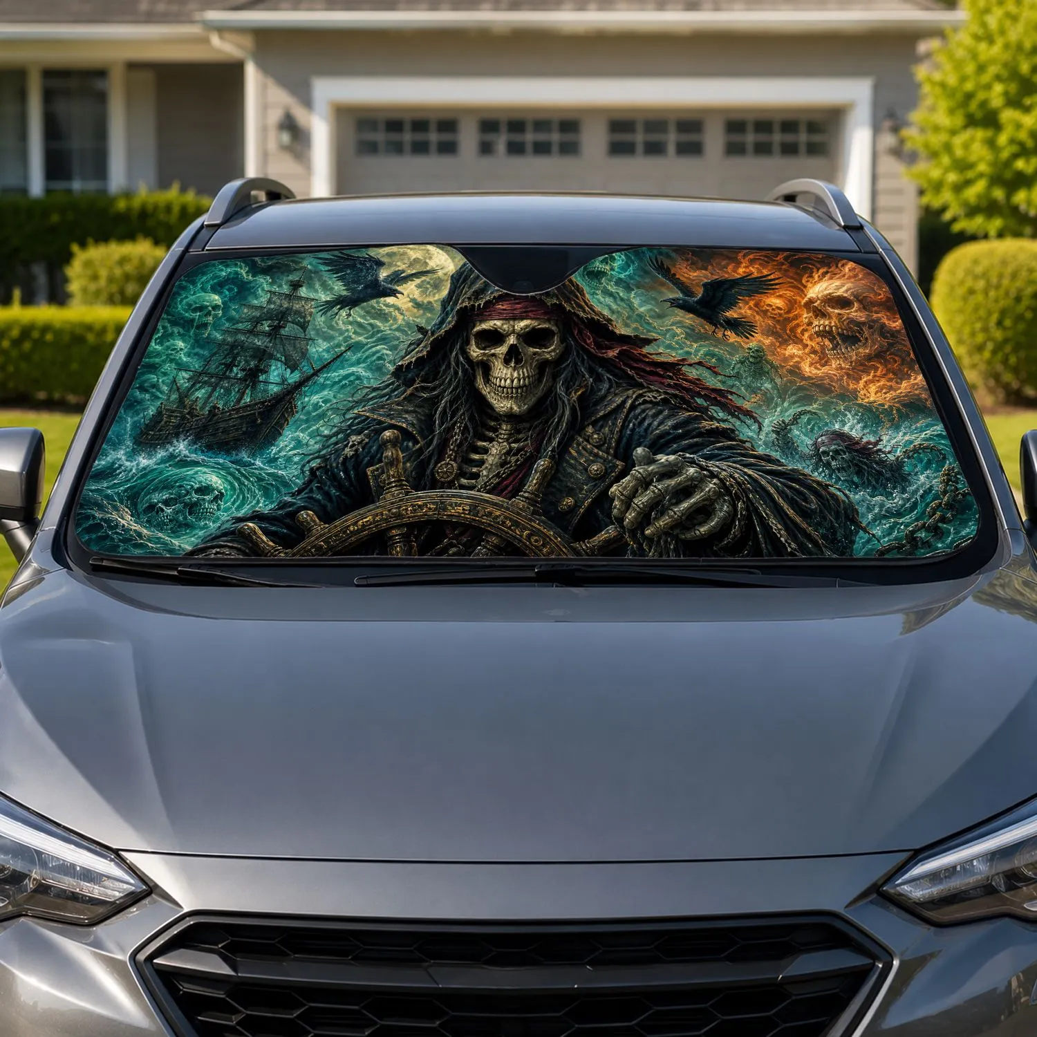 Gothic Skull Pirate Captain With Ghost Ship For Dark Nautical Horror Fans And Sea Legends Car Sunshade - 1