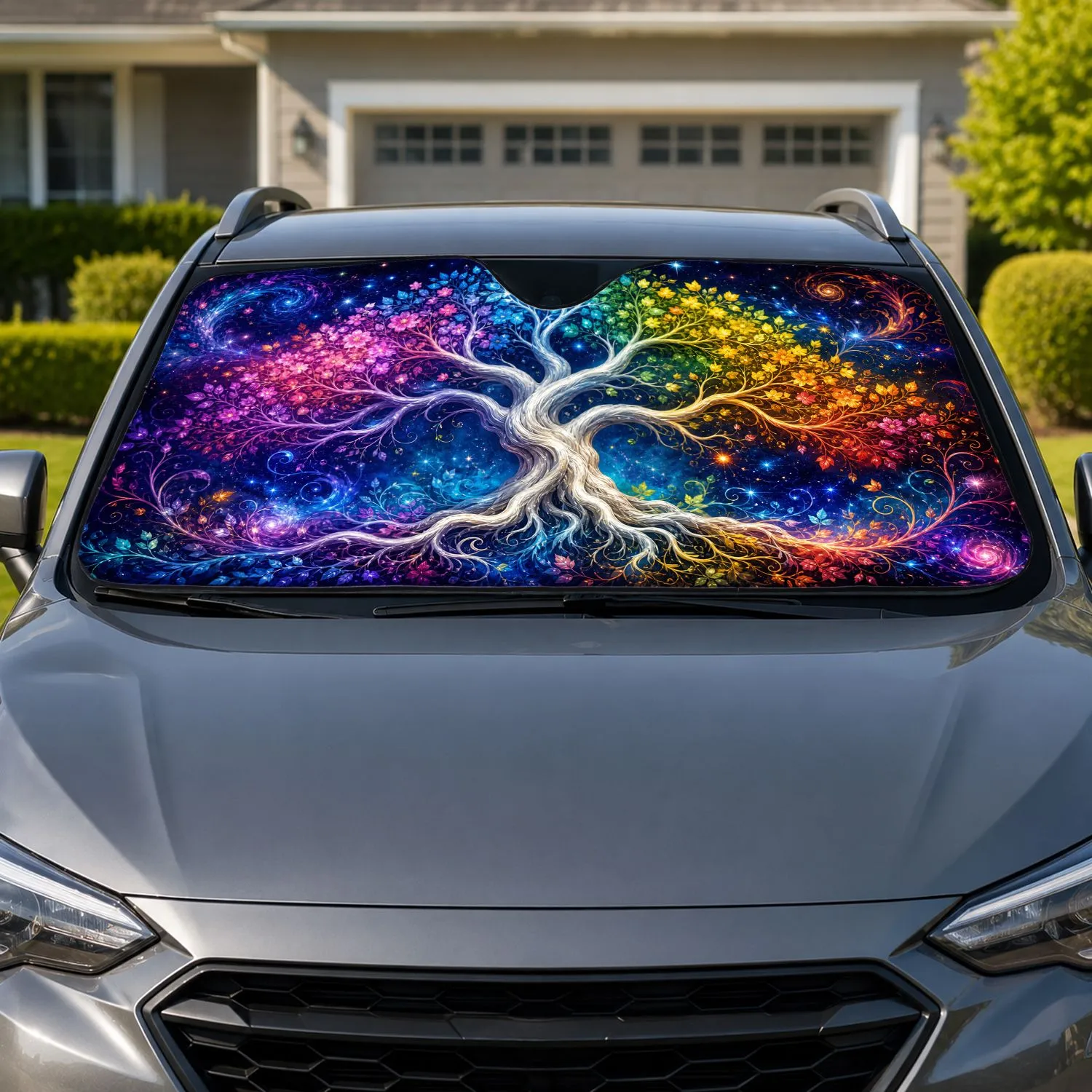 Mystical Rainbow Tree of Life Celestial Fantasy Decor for Spiritual Boho Travelers Car Sunshade - 1
