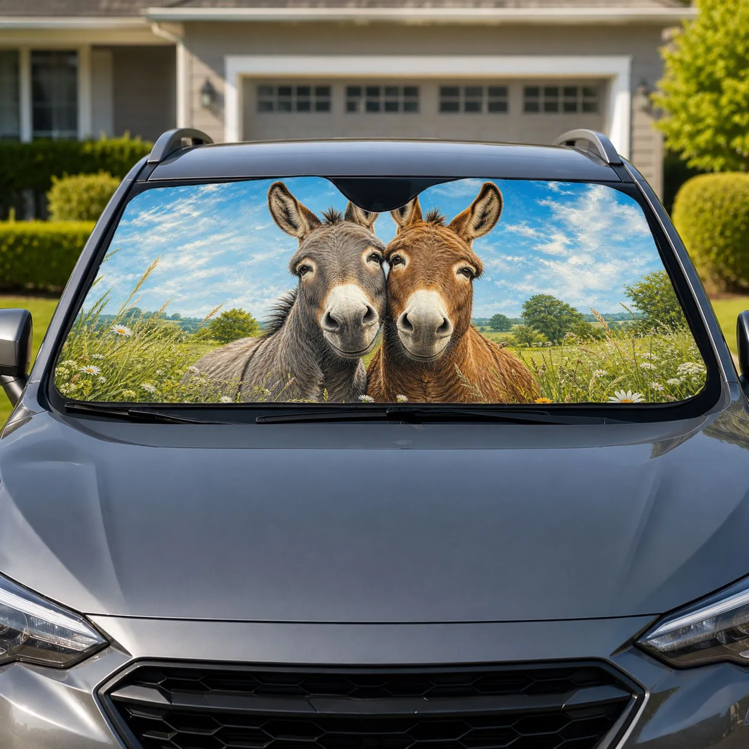Realistic Donkey Duo In Sunny Meadow For Country Road Trips And Farm Animal Fans Car Sunshade - 1