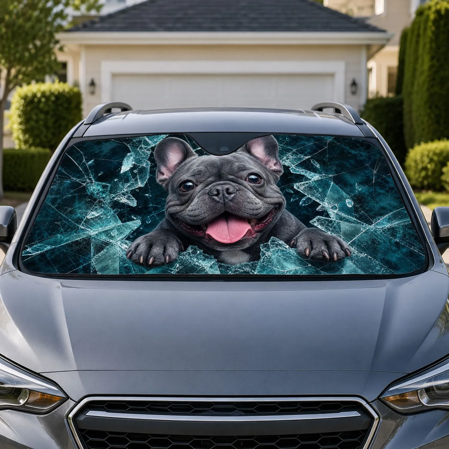 Blue Gray French Bulldog Breaking Icy Glass For Cool Daily Commutes And Dog Lovers Car Sunshade - 1