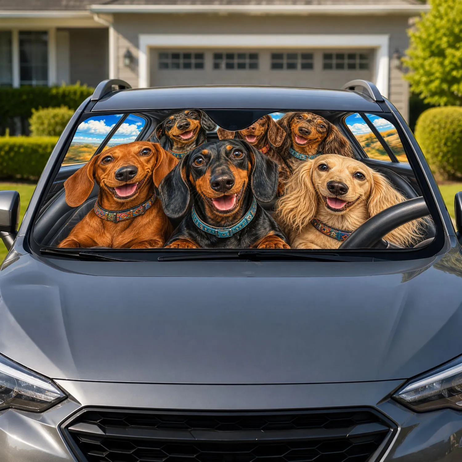Six Dachshund Dogs Road Trip Cabin Scene Travel Adventure Gift For Dog Loving Family Car Sunshade - 1