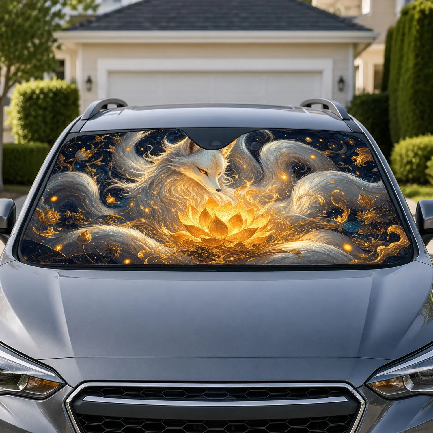 Luminous Fantasy Fox Spirit With Golden Lotus For Mystical Night Aesthetic Decor Fans Car Sunshade - 1