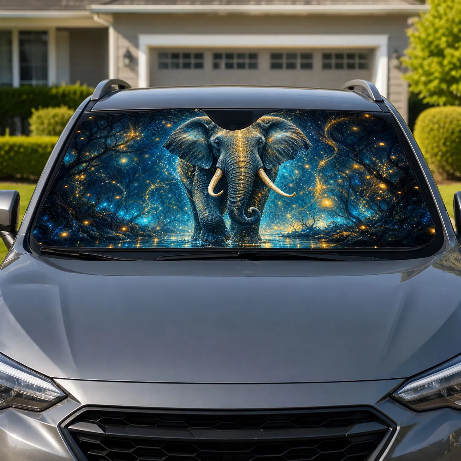 Mystical Elephant In Moonlit Forest With Golden Fireflies For Fantasy Wildlife Fans Car Sunshade - 1