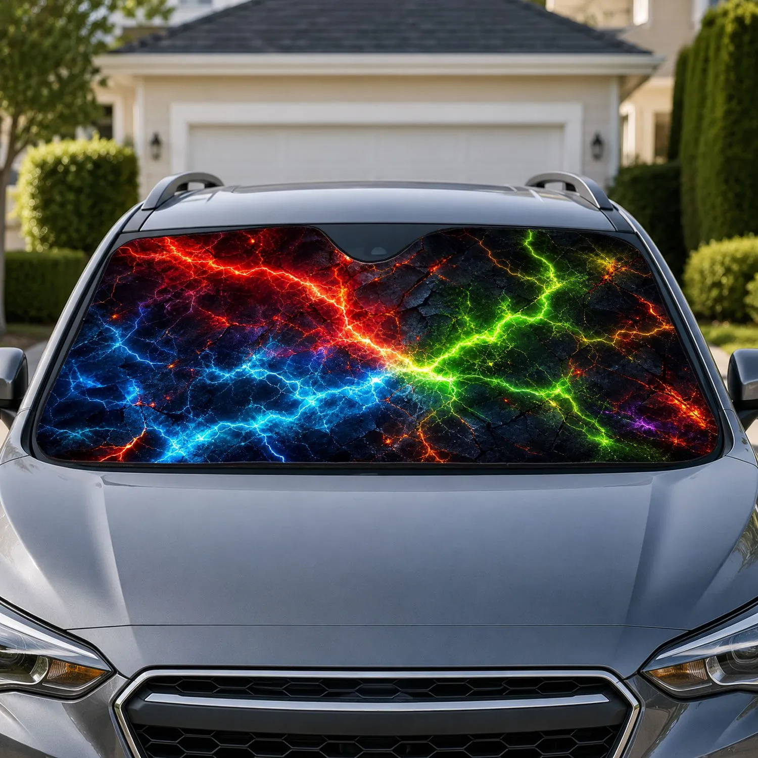Neon Lightning Cracked Obsidian Volcanic Energy For Gaming Style Road Trip Decor Car Sunshade - 1