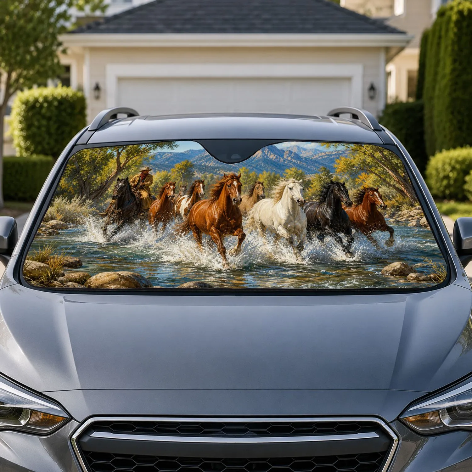 Cowboy Herding Wild Horses Across River Western Ranch Decor For Road Trip Travelers Car Sunshade - 1
