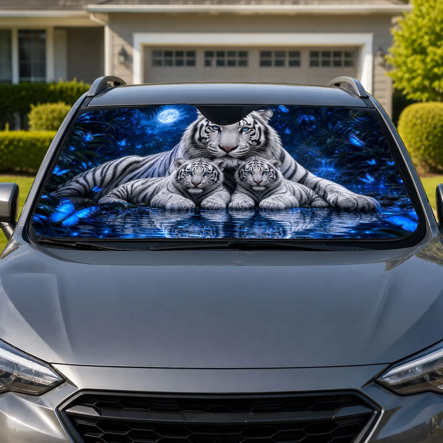 White Tiger Mother And Cubs In Moonlit Blue Jungle For Wildlife Lovers And Nature Fans Car Sunshade - 1