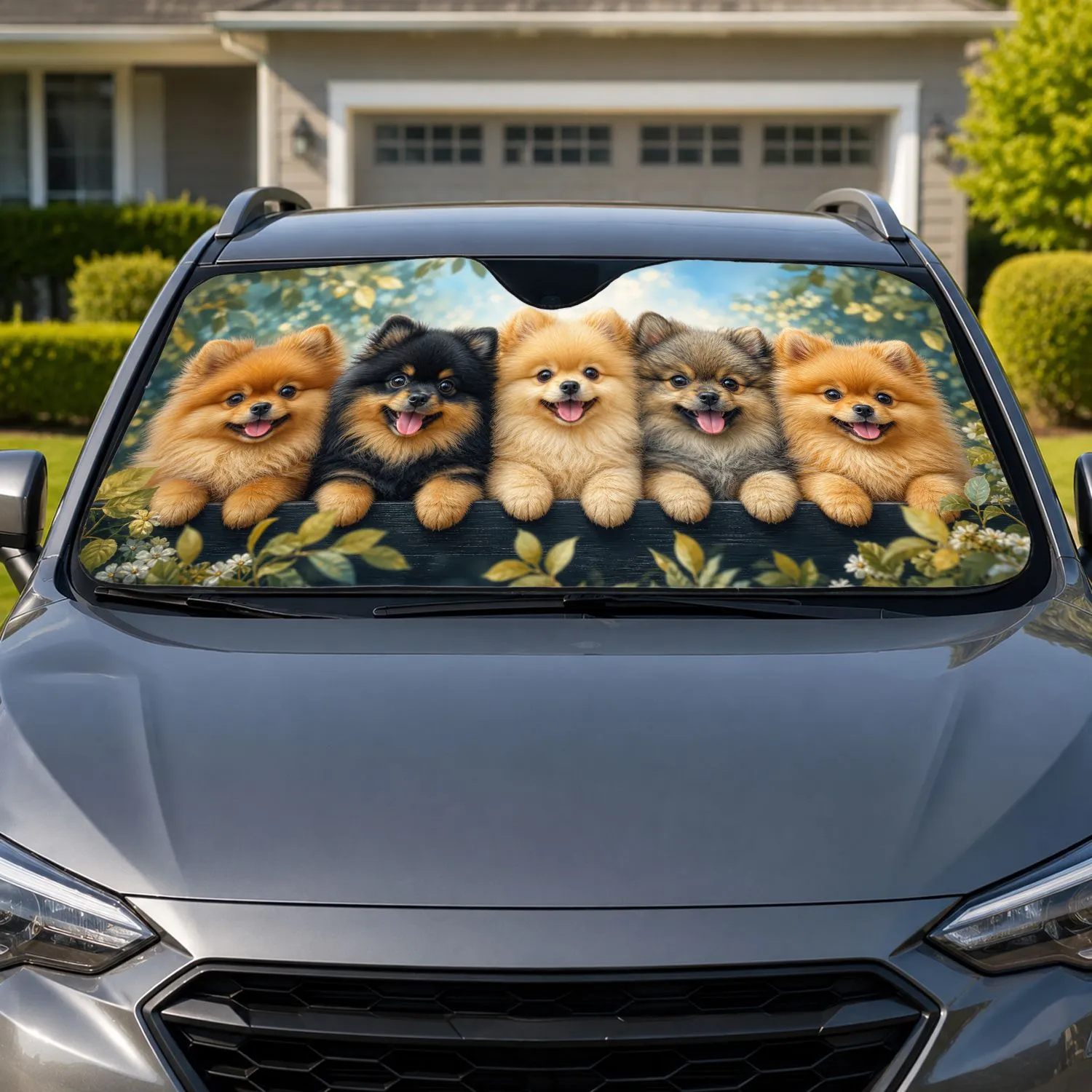 Five Cute Pomeranian Puppies Garden Bokeh UV Heat Blocking Travel Gift For Dog Lovers Car Sunshade - 1