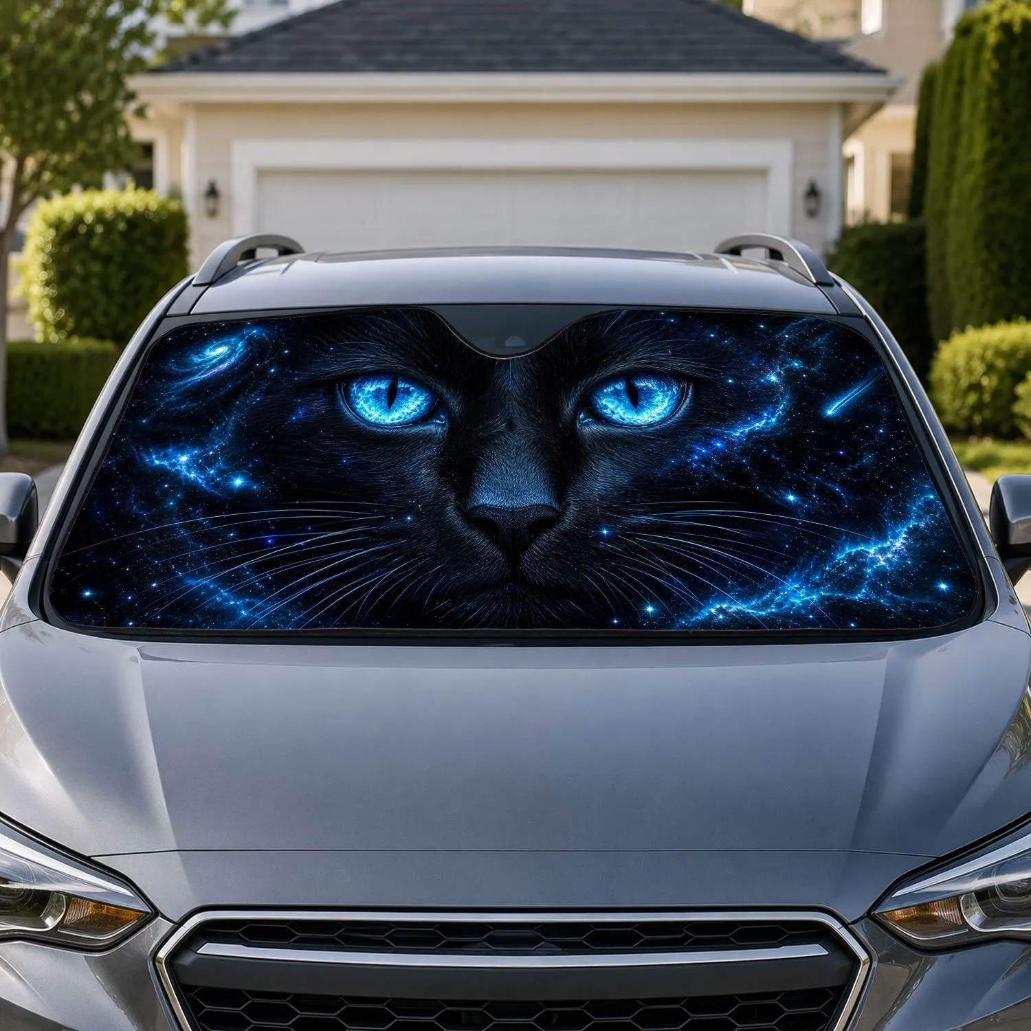 Mystical Black Cat With Electric Blue Eyes Celestial Gothic Style For Cat Lovers Car Sunshade - 1