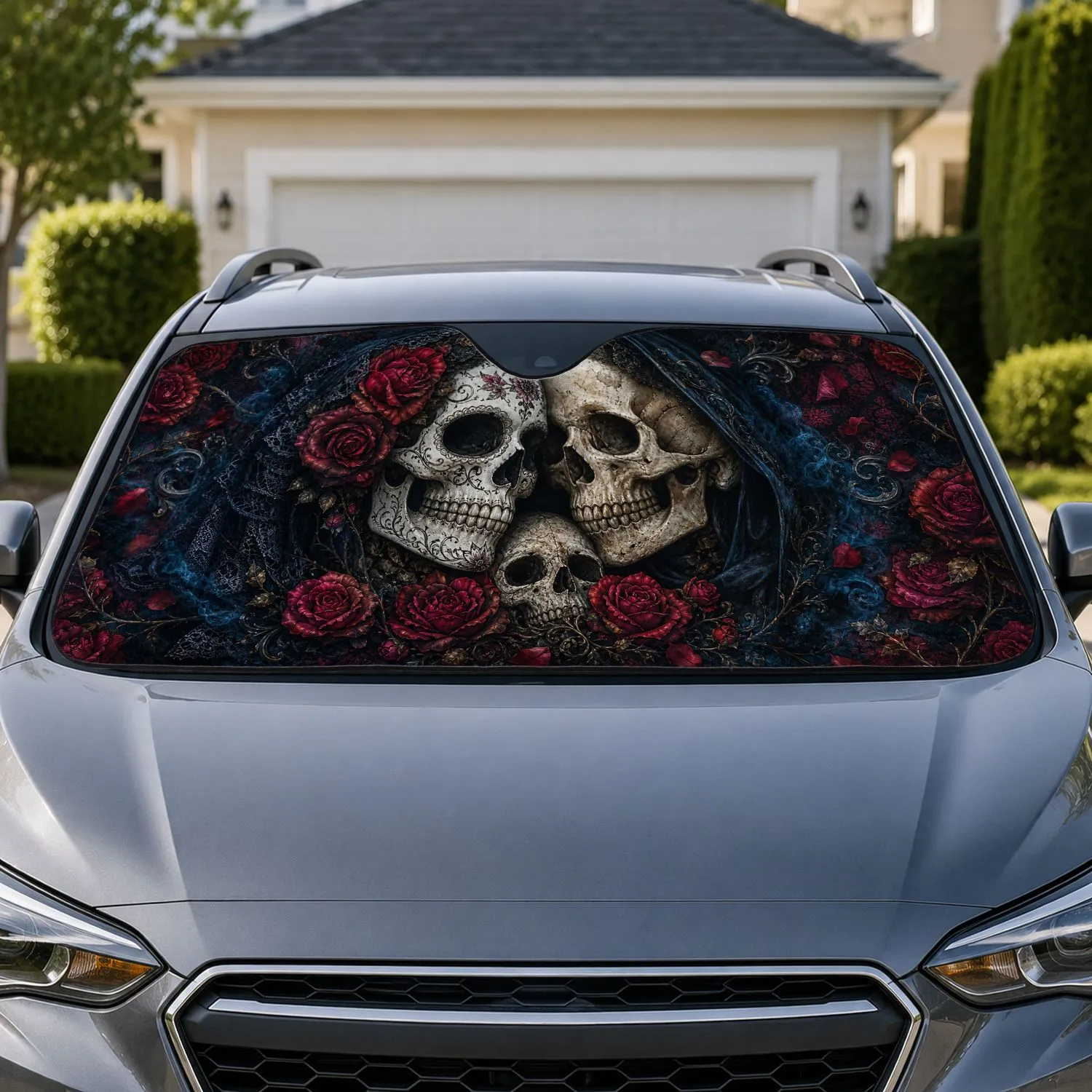 Gothic Skull And Crimson Rose Memento Mori Decor For Dark Romantic Horror Aesthetic Fans Car Sunshade - 1