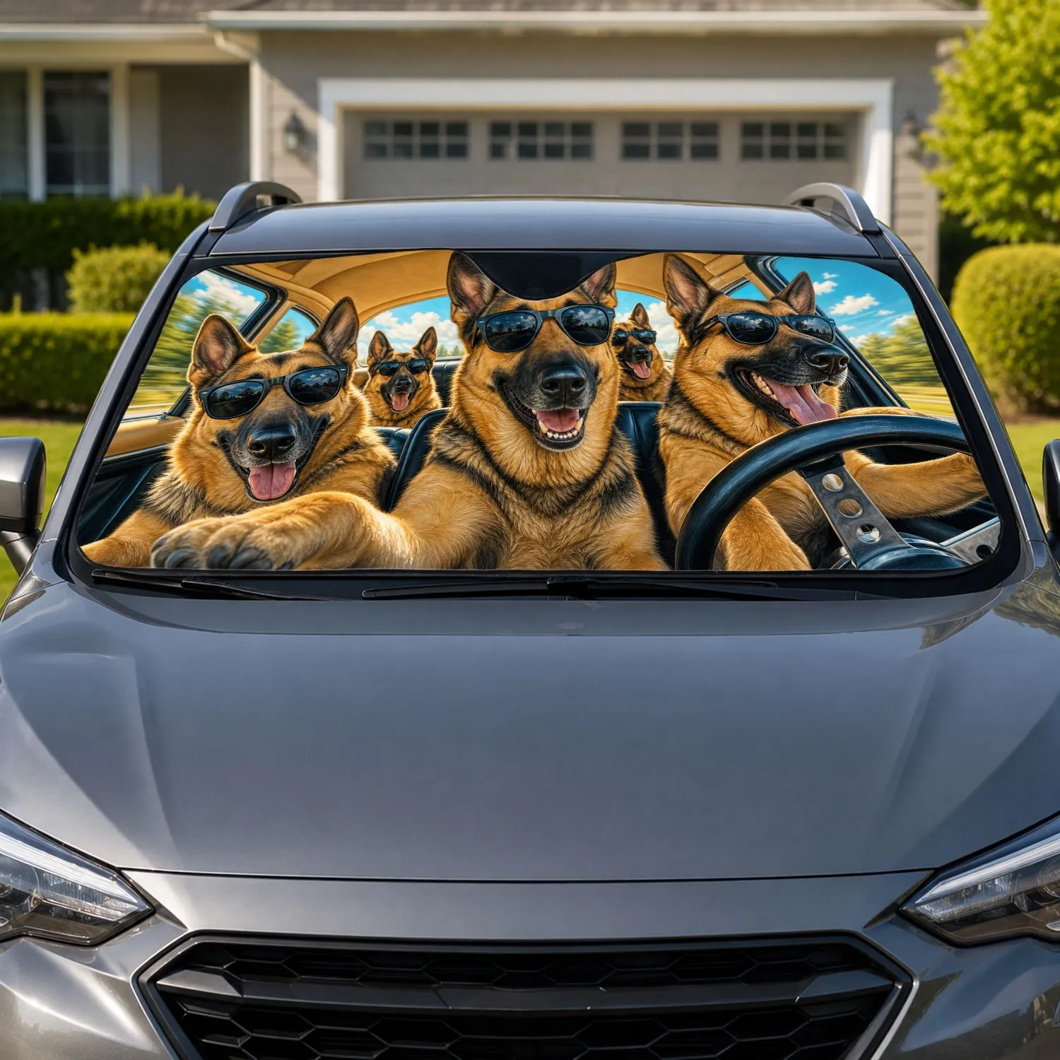German Shepherd Dogs In Sunglasses On Road Trip Adventure For Dog Lovers And Travelers Car Sunshade - 1