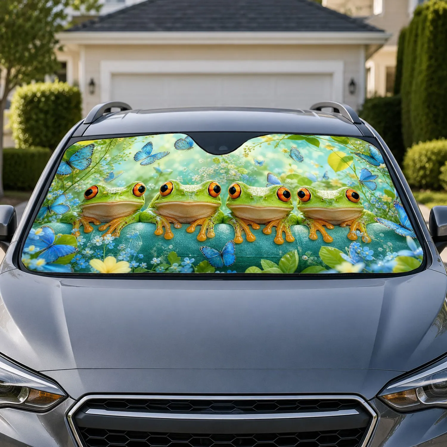 Playful Green Tree Frogs With Blue Butterflies For Cheerful Garden Nature Lovers Car Sunshade - 1