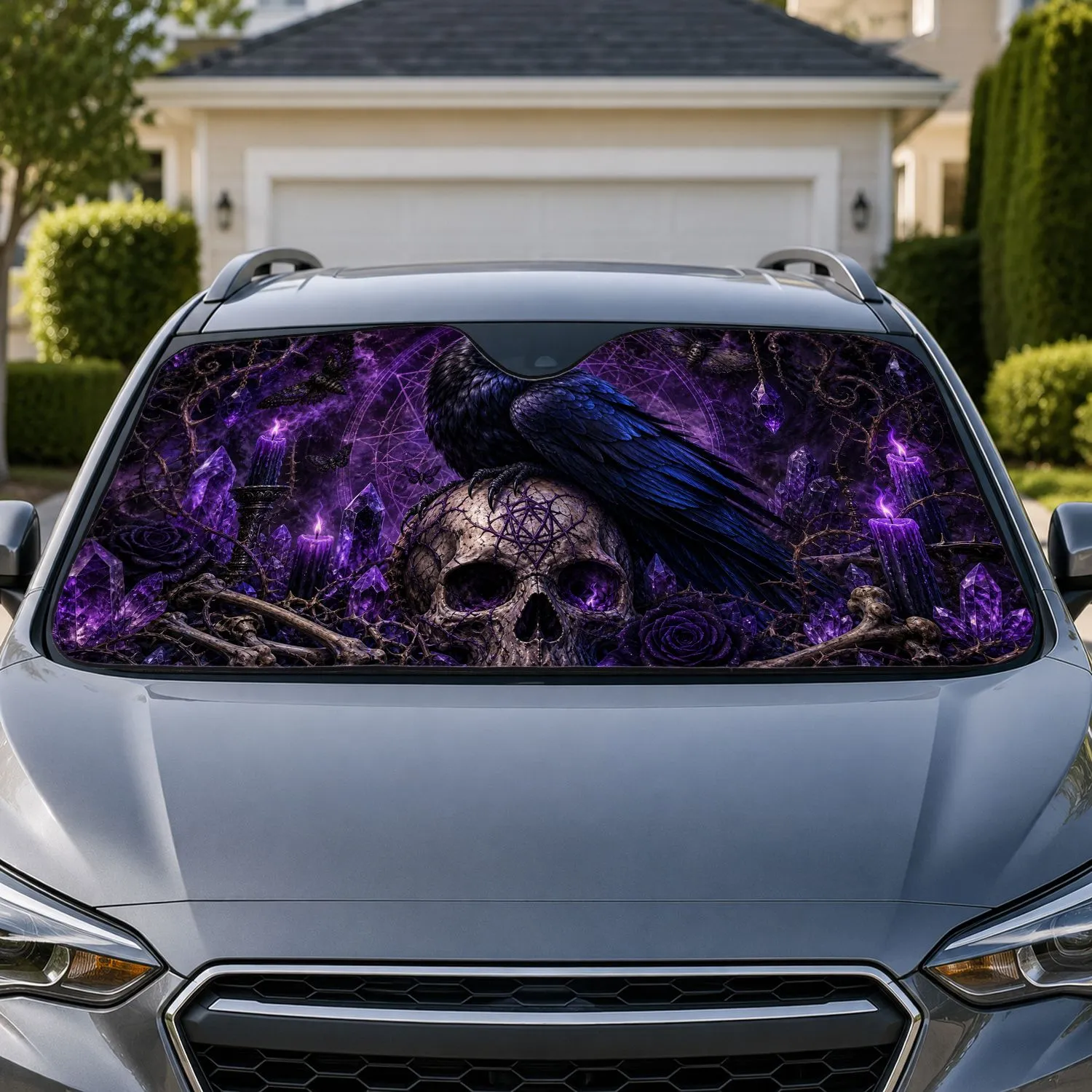Gothic Raven On Cracked Skull With Purple Candles For Dark Fantasy Decor Lovers Aesthetic Car Sunshade - 1