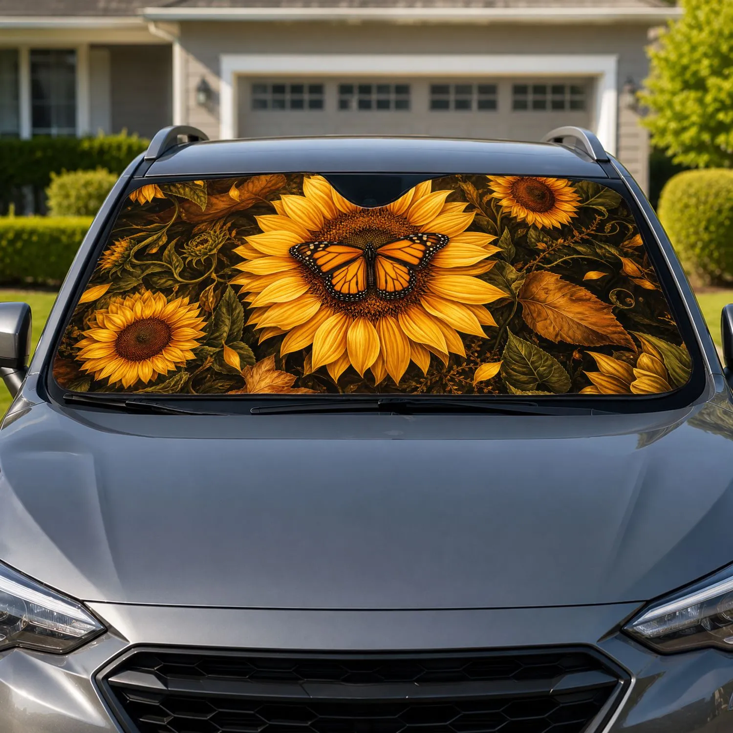 Golden Sunflower And Monarch Butterfly Floral Decor For Vintage Garden Road Trips Car Sunshade - 1