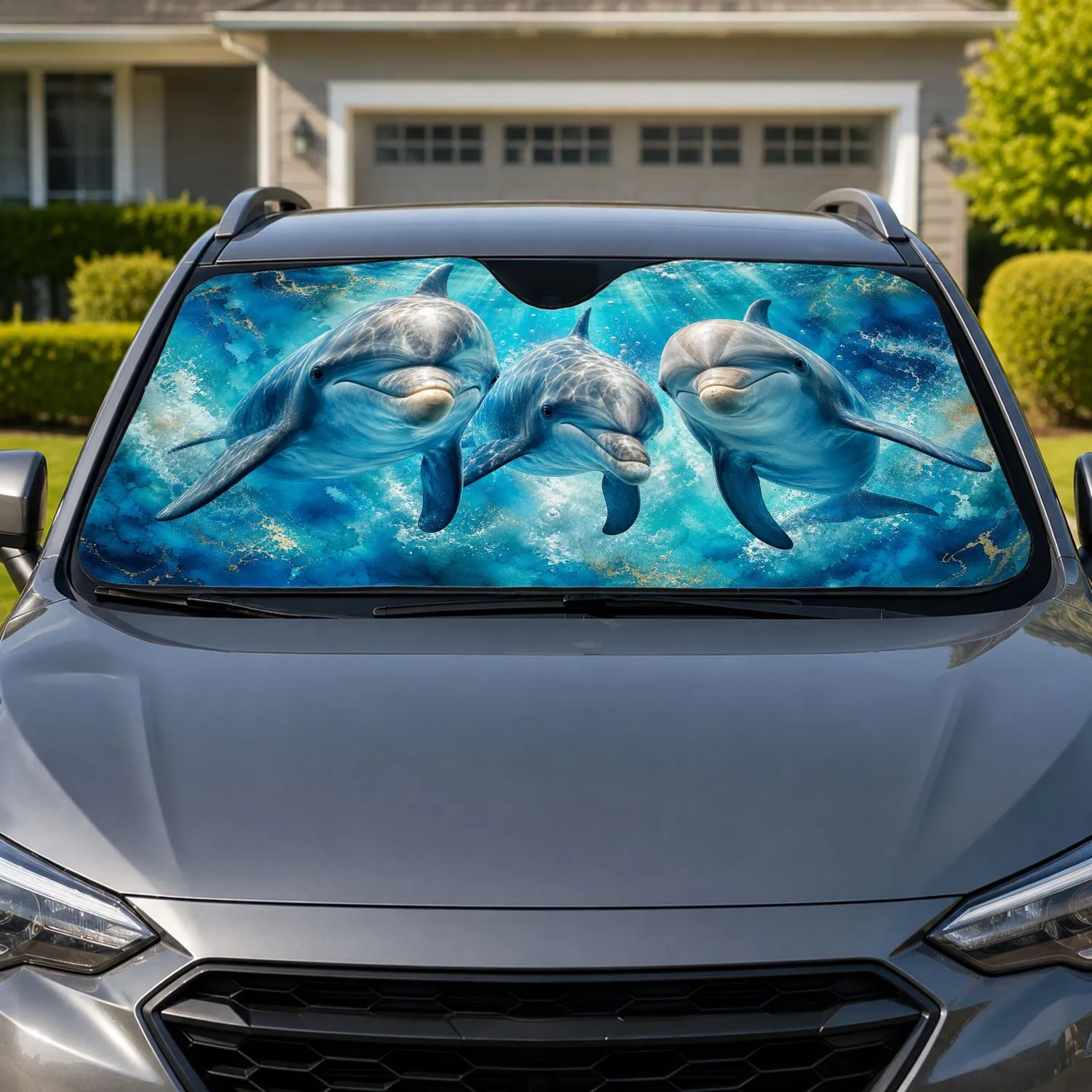 Three Bottlenose Dolphins In Tropical Blue Ocean For Summer Road Trips And Beach Lovers Car Sunshade - 1