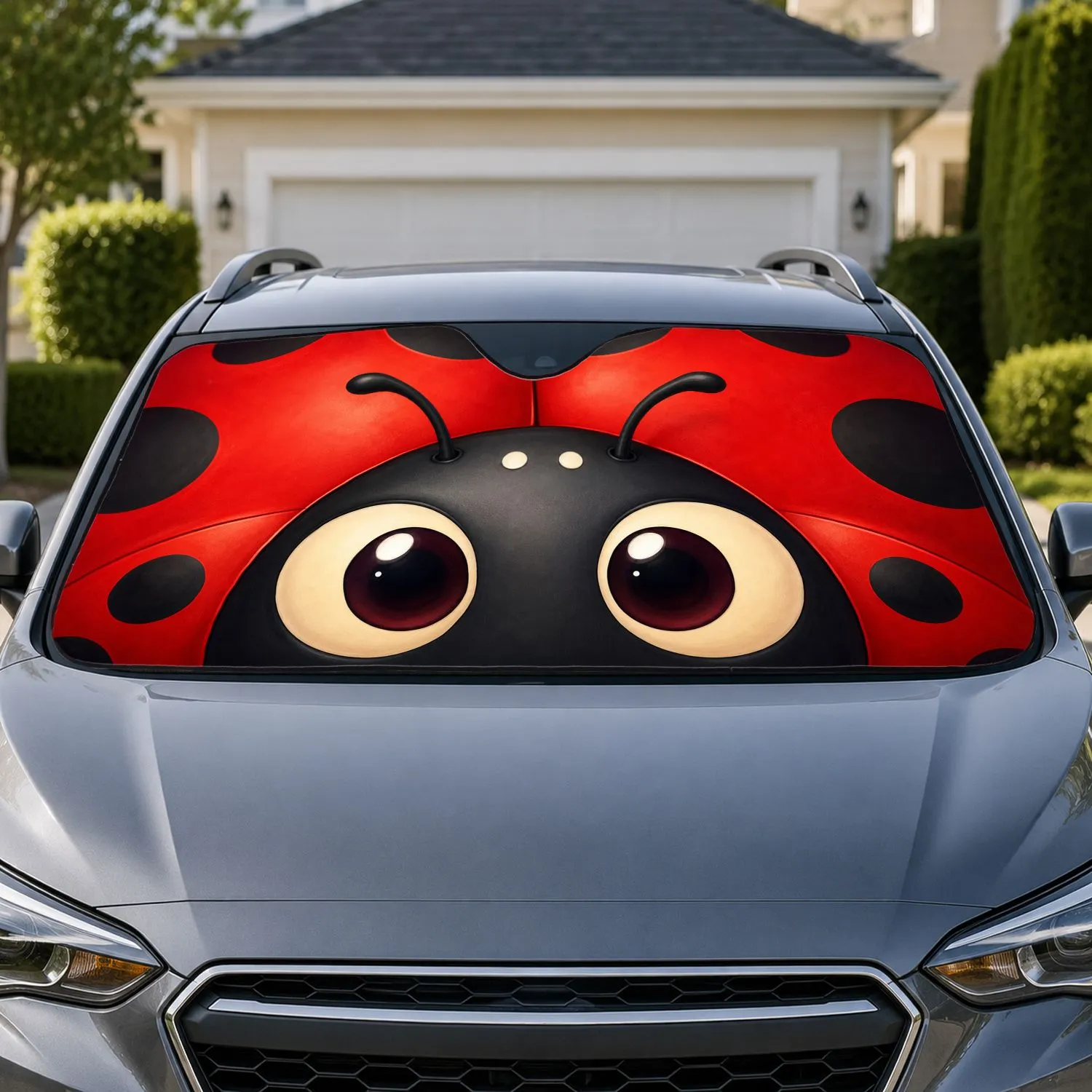 Cute Ladybug Face With Red Beetle Wings For Summer Road Trips For Kids And Nature Lovers Car Sunshade - 1