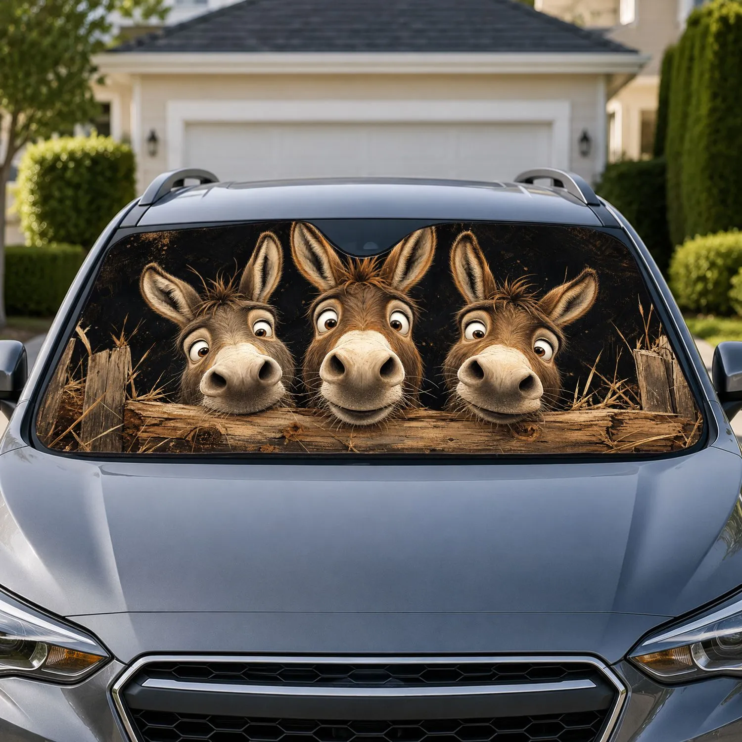 Three Curious Donkeys Over Rustic Fence For Farmhouse Humor, Road Trip Fun And Animal Fans Car Sunshade - 1