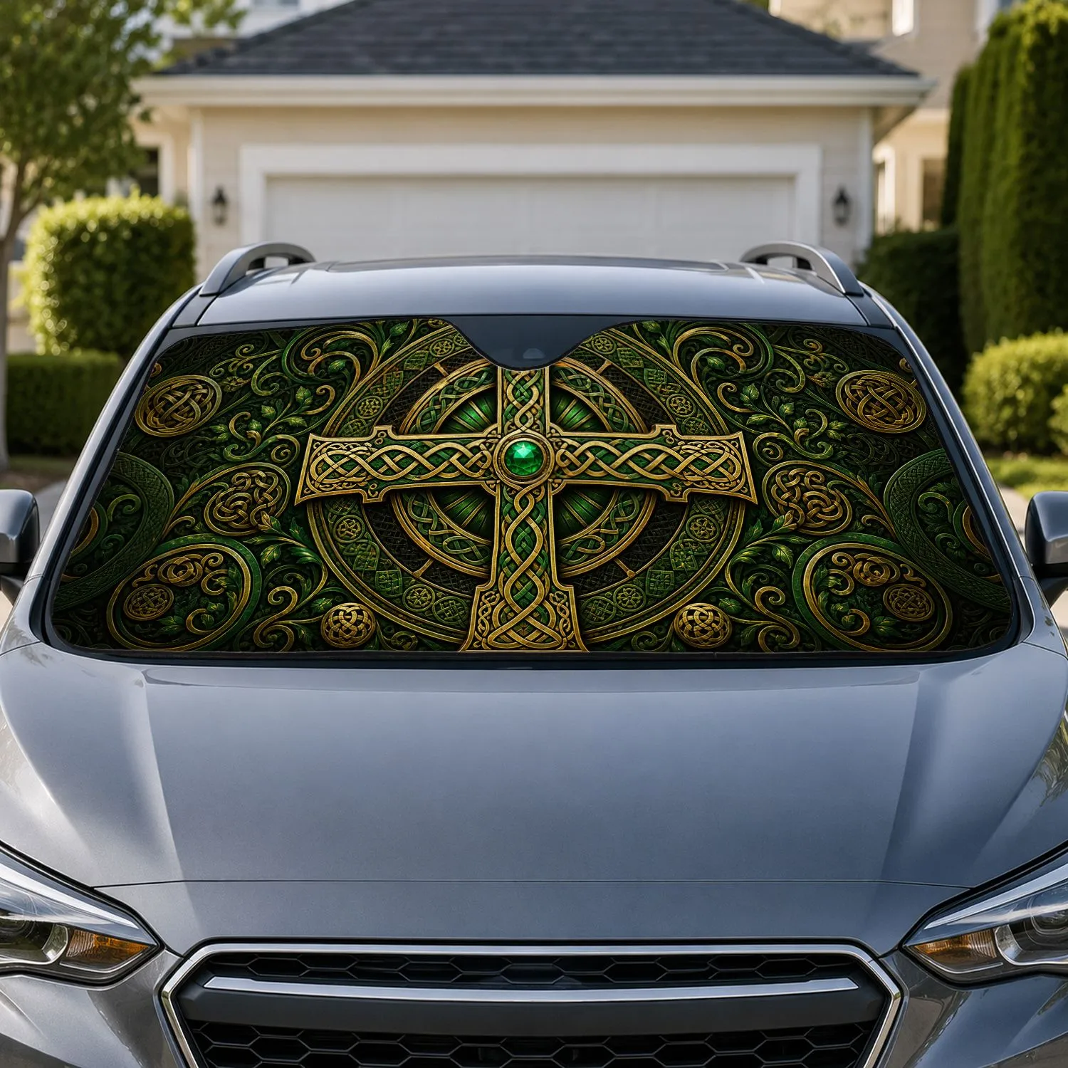 Ornate Celtic Cross Knotwork In Emerald Gold For Irish Heritage And St Patrick Fans Car Sunshade - 1