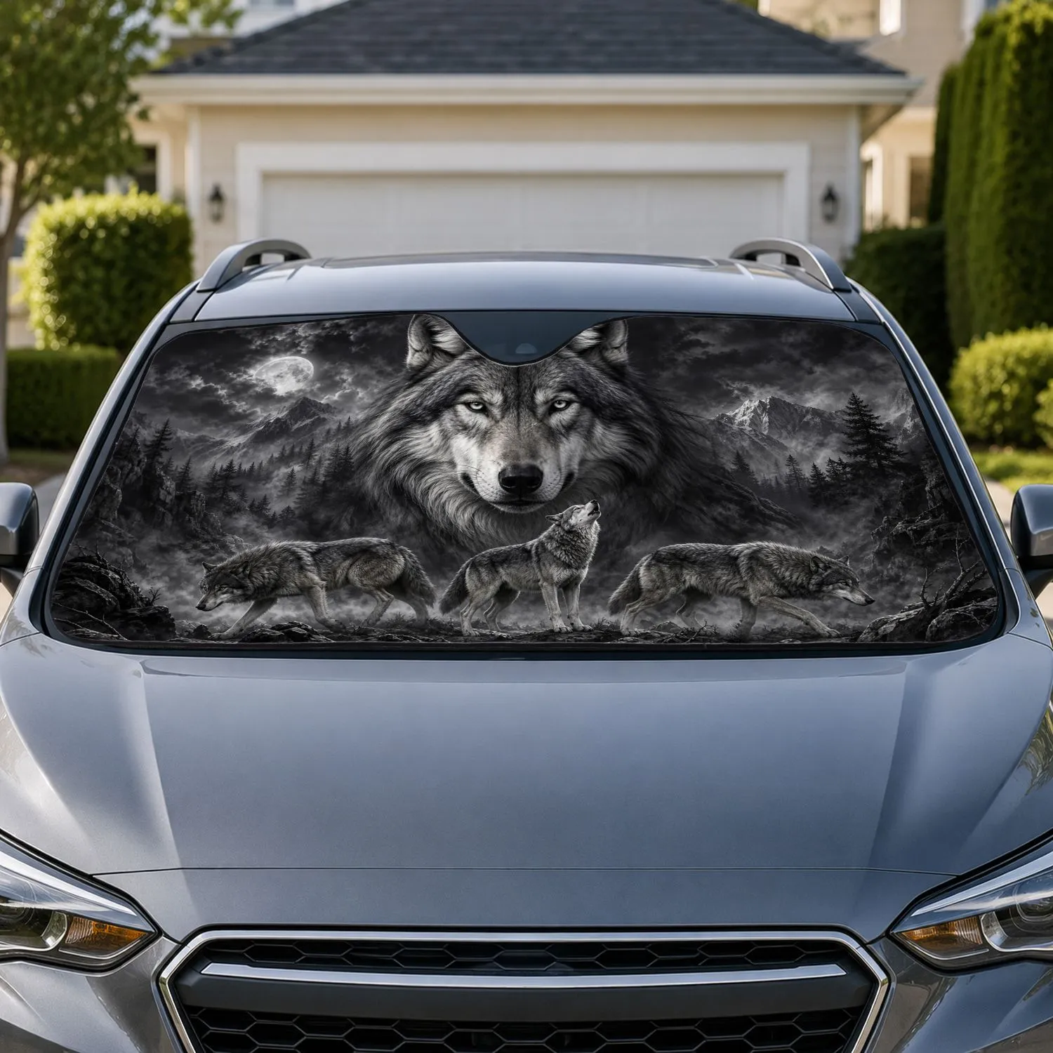 Monumental Gray Wolf Pack In Moonlit Wilderness For Dark Gothic Outdoor Style Fans Car Sunshade - 1
