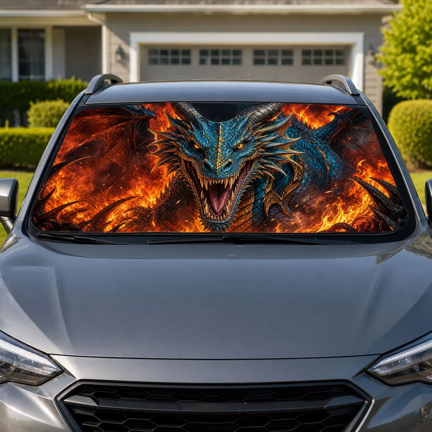Fierce Turquoise Dragon Head In Fiery Cavern For Fantasy Lovers And Road Trip Style Car Sunshade - 1