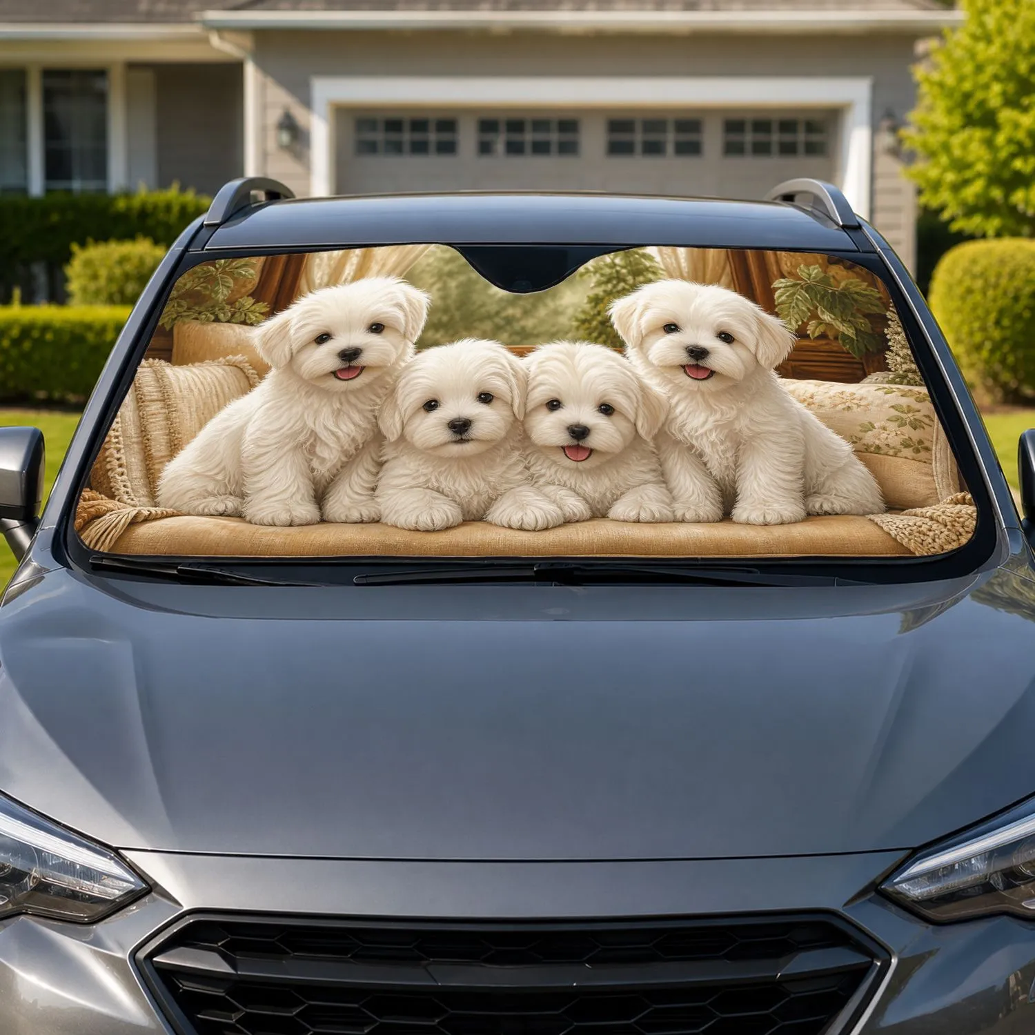 Four Fluffy White Puppies On Tan Bench For Cozy Road Trips And Small Dog Lovers Car Sunshade - 1