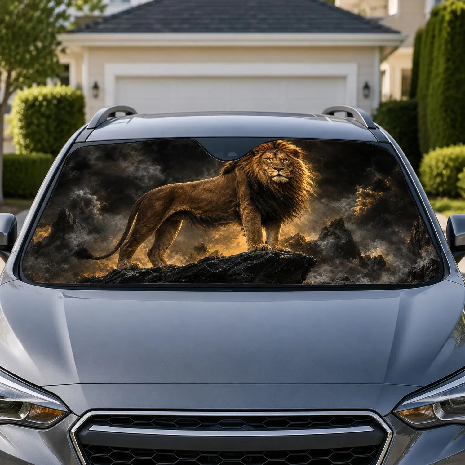 Majestic Lion On Black Rock With Smoky Night Drama For Road Trip Wildlife Safari Fans Car Sunshade - 1