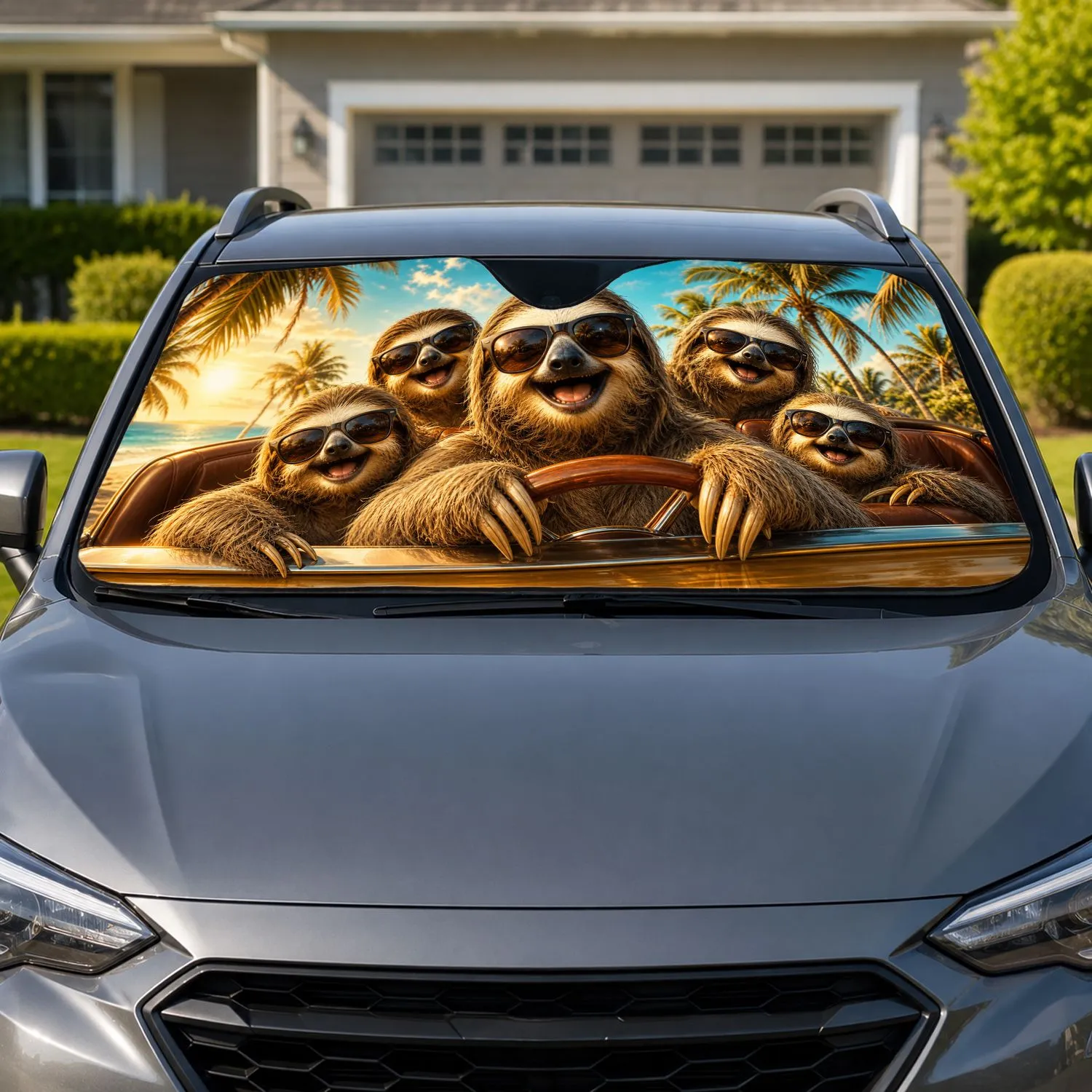 Sunglasses Sloth Family In Tropical Cruiser For Beach Road Trips And Summer Drivers Car Sunshade - 1