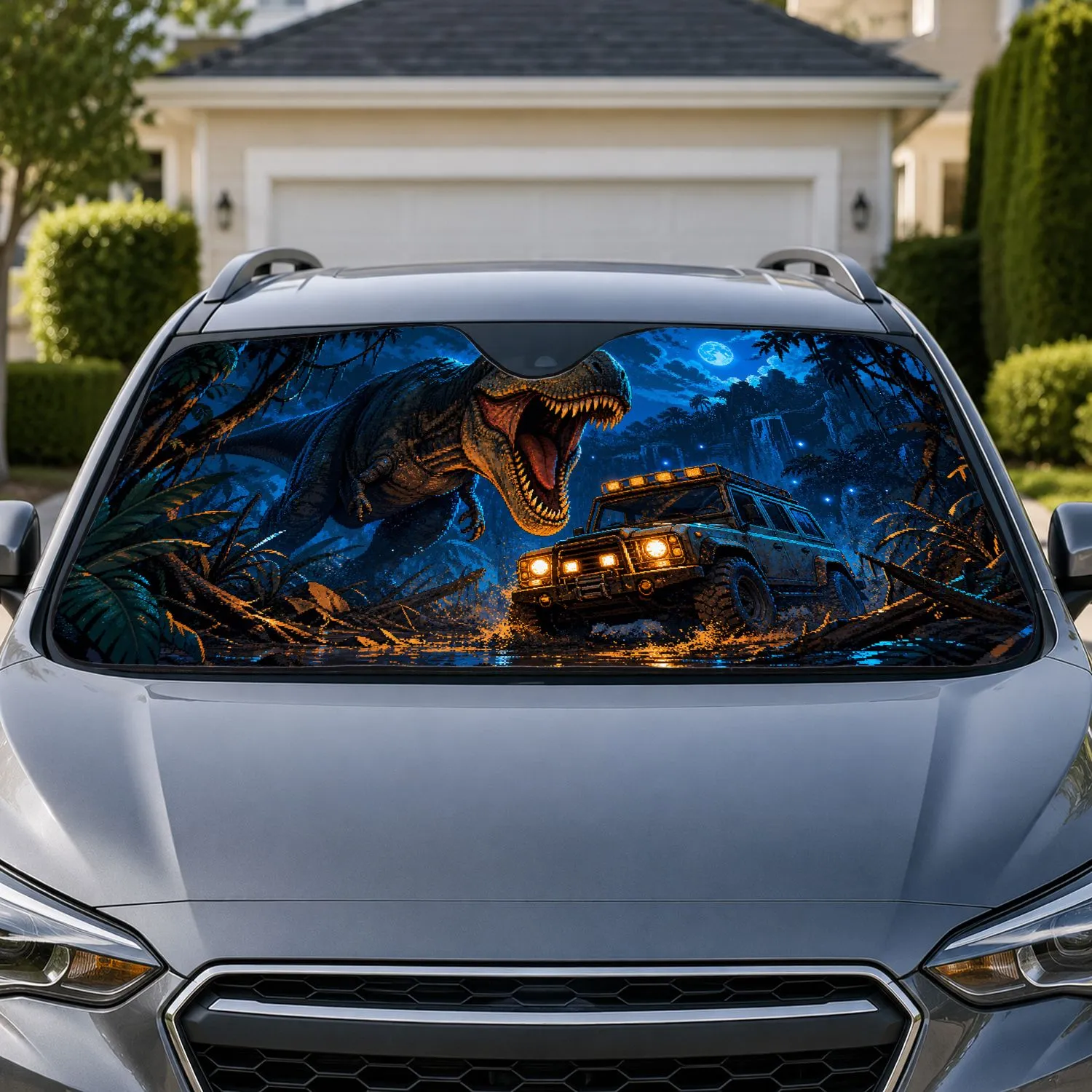 Roaring T Rex Neon Jungle Chase Retro Arcade Adventure For Dinosaur Gamers Fans Car Sunshade - 1