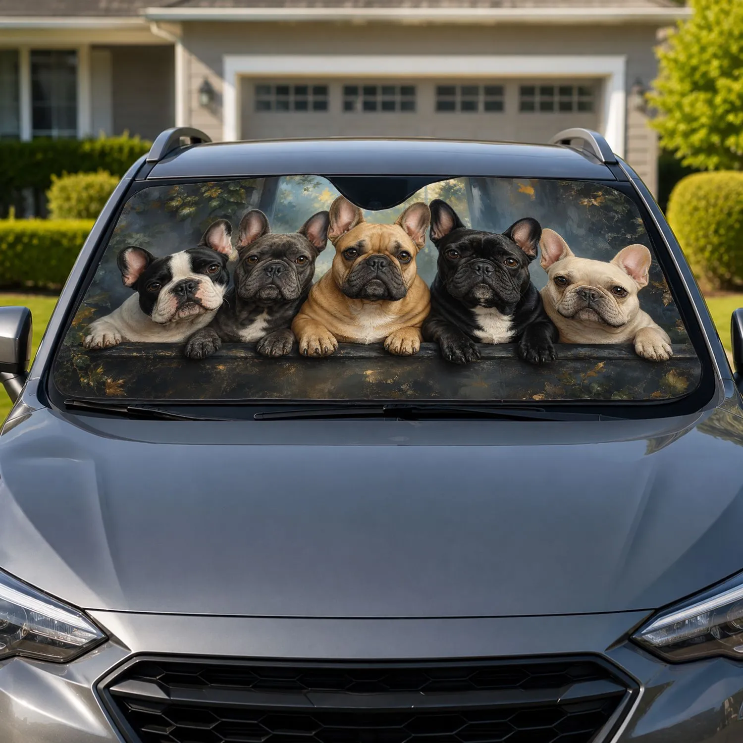 Realistic French Bulldog Pack Portrait For Pet Lover Road Trips And Daily Commutes Car Sunshade - 1