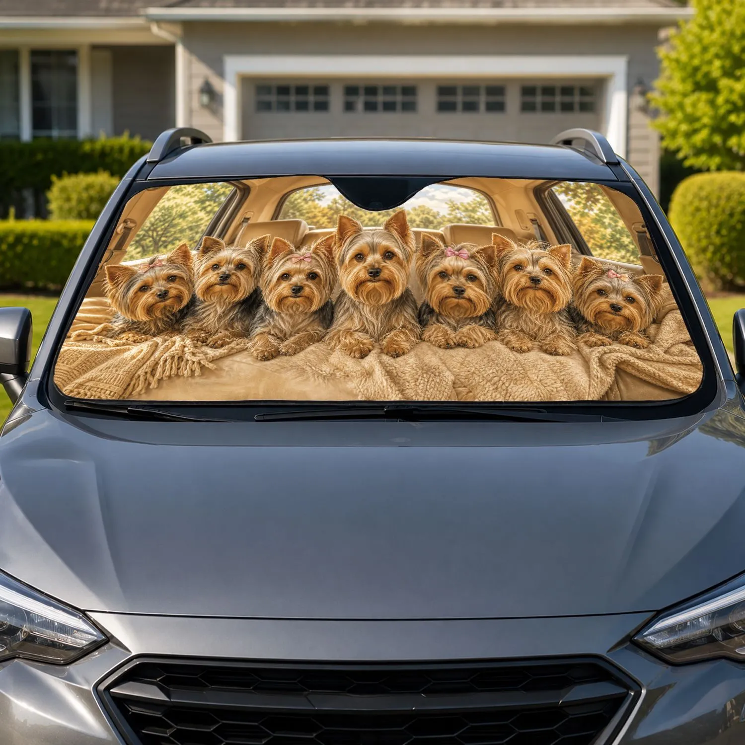 Seven Yorkshire Terriers In Cozy Beige Cabin For Warm Road Trip Style Dog Lovers Car Sunshade - 1