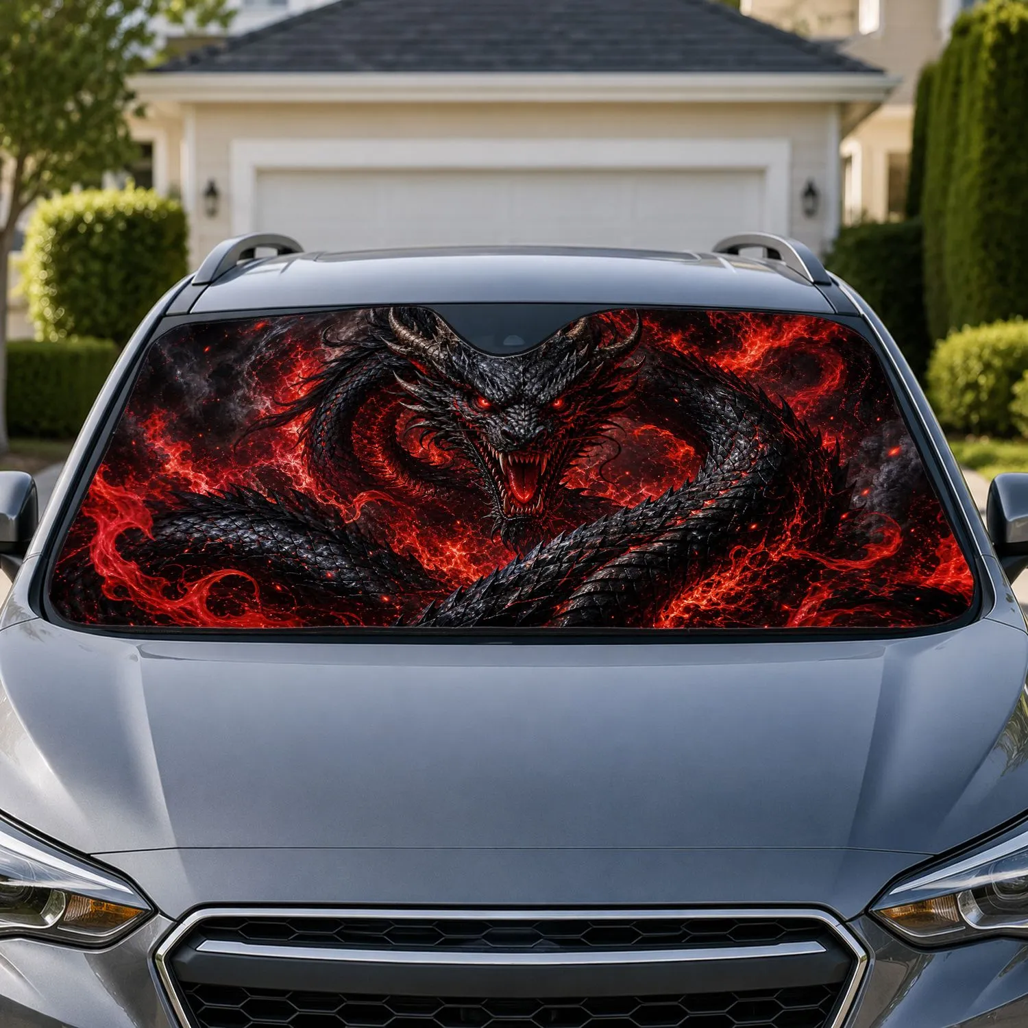 Fierce Black And Red Dragon With Flames Dark Fantasy Style For Goth Metal Fans Gift Car Sunshade - 1