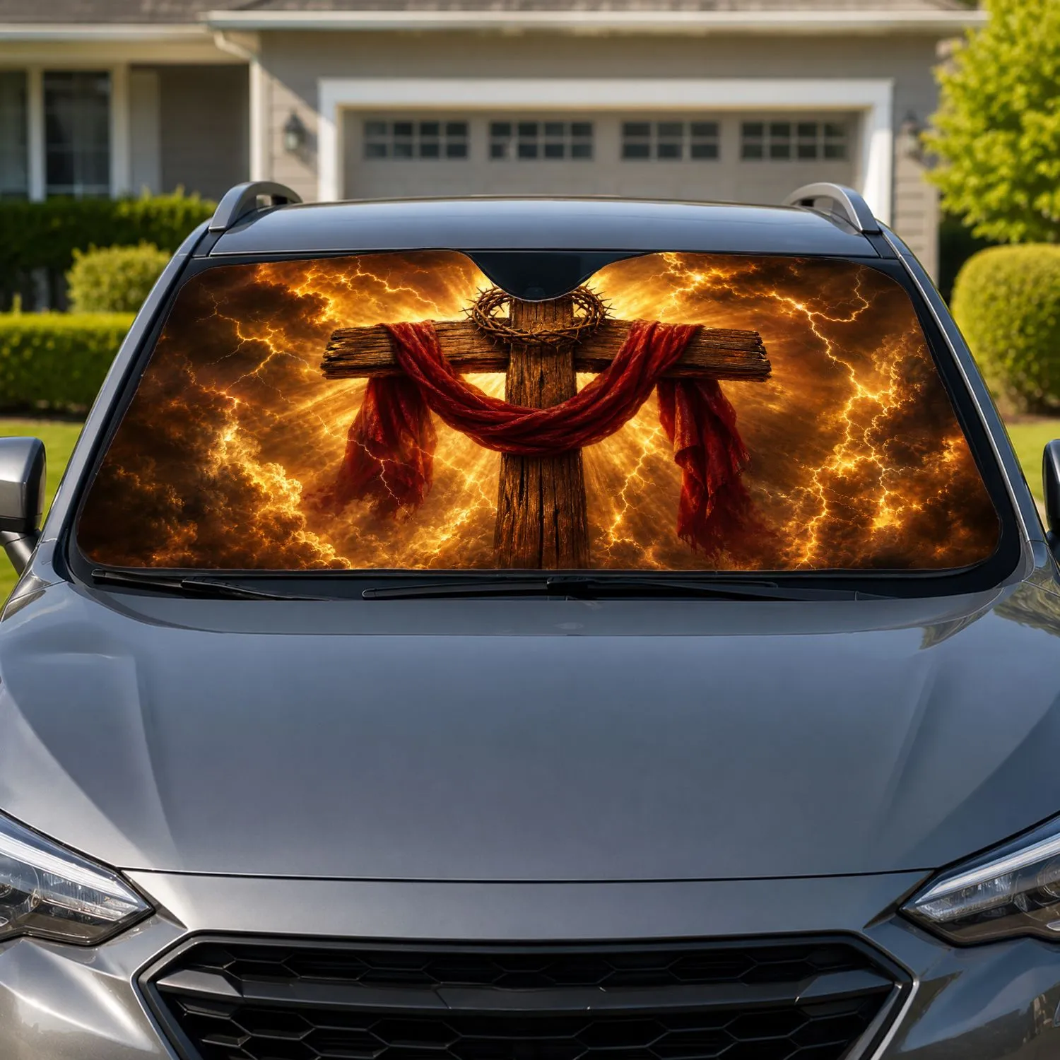 Rustic Christian Cross With Crown Of Thorns And Crimson Cloth For Easter Faith Decor Car Sunshade - 1