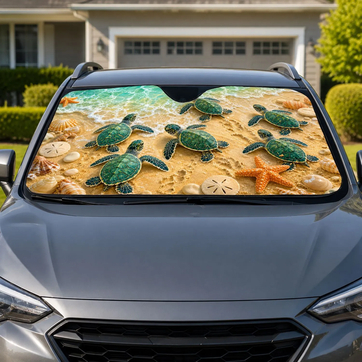 Baby Sea Turtles On Tropical Beach For Summer Coastal Road Trips And Ocean Lovers Car Sunshade - 1