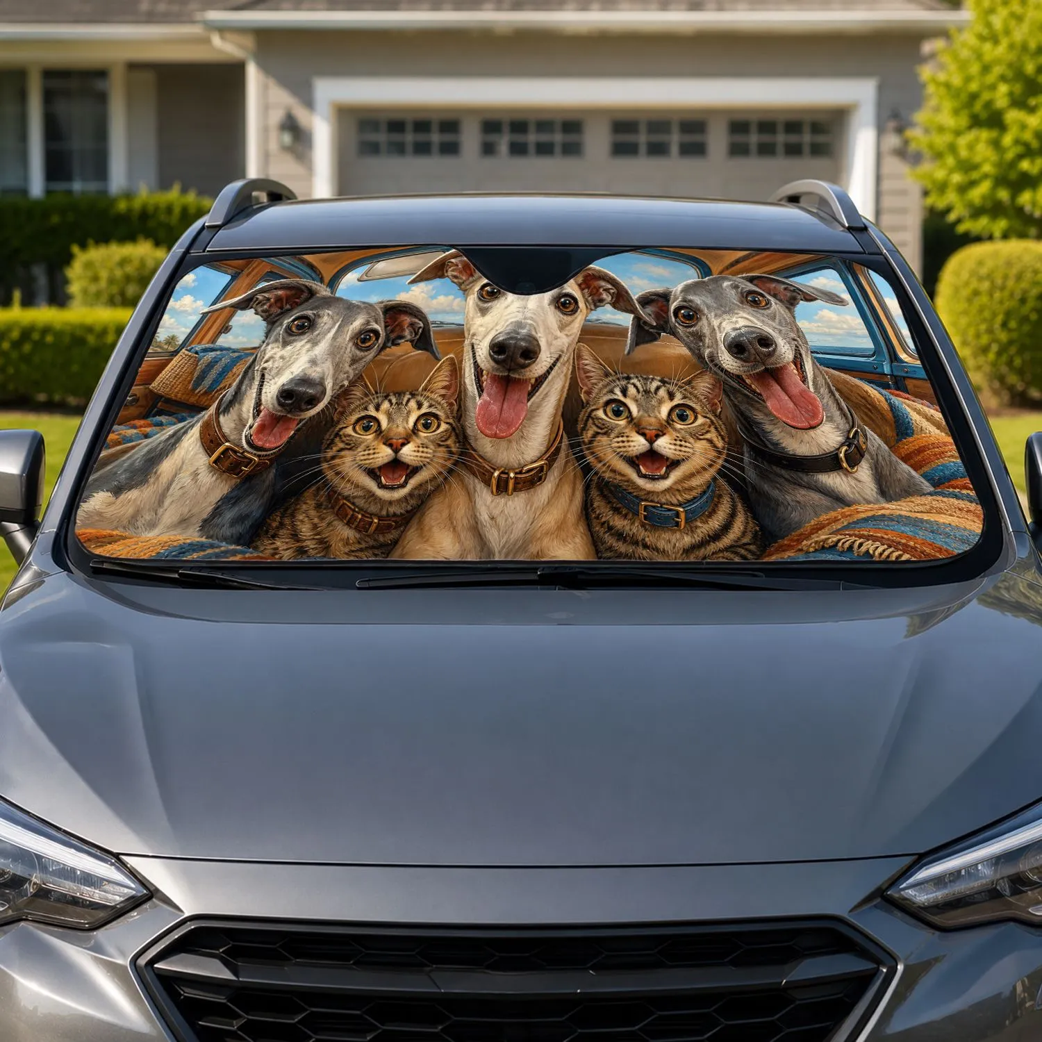 Greyhound And Tabby Cat Road Trip Pet Family Portrait For Dog And Cat Lovers Travel Fans Car Sunshade - 1